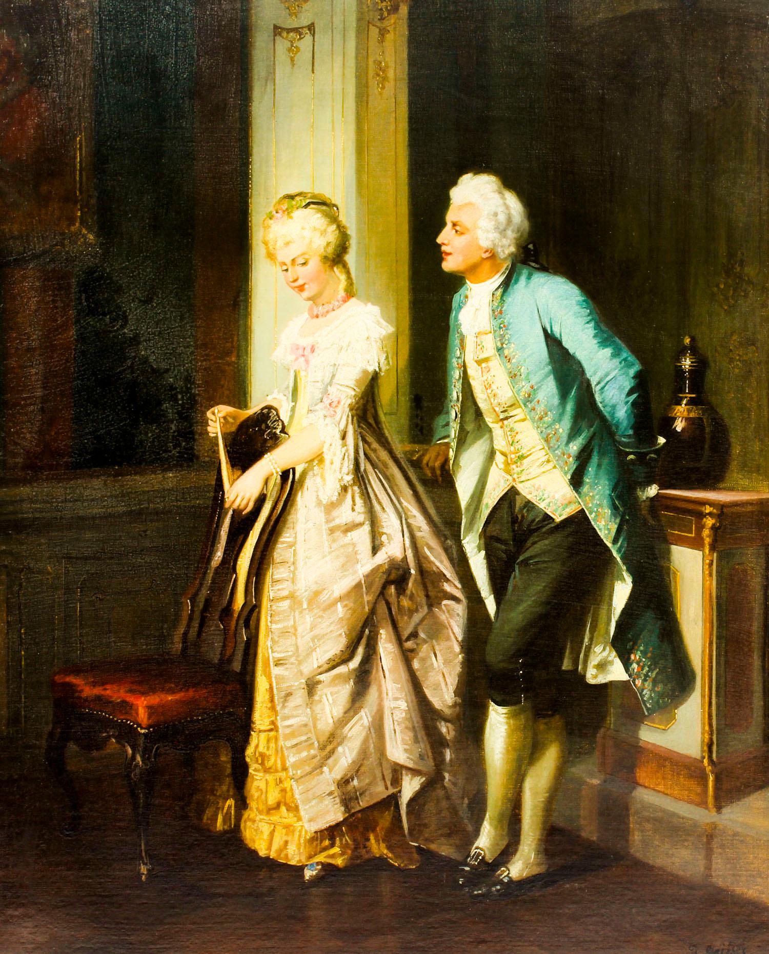 This is a beautiful antique oil on canvas painting by the renowned German artist Jakob Emanuel Gaisser (1825 -1899), mid 19 century in date.

The painting is of a young courting couple dressed in splendid 18th-century attire with an an elegant