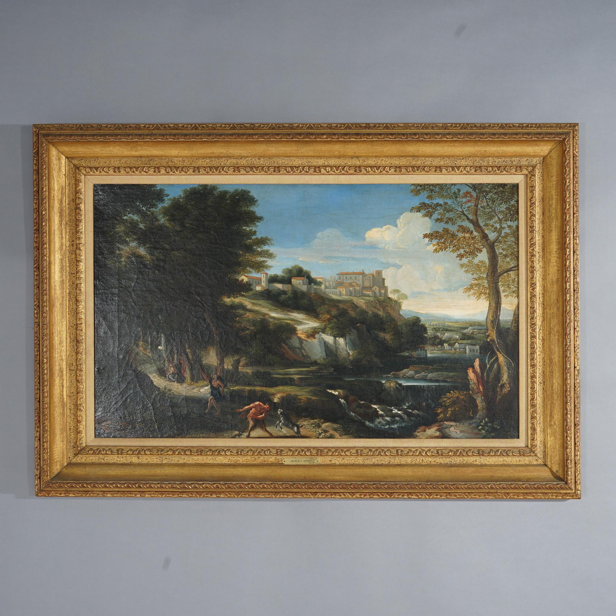 Hand-Painted Antique Painting, Landscape with Figures by George L. Brown, 19th C