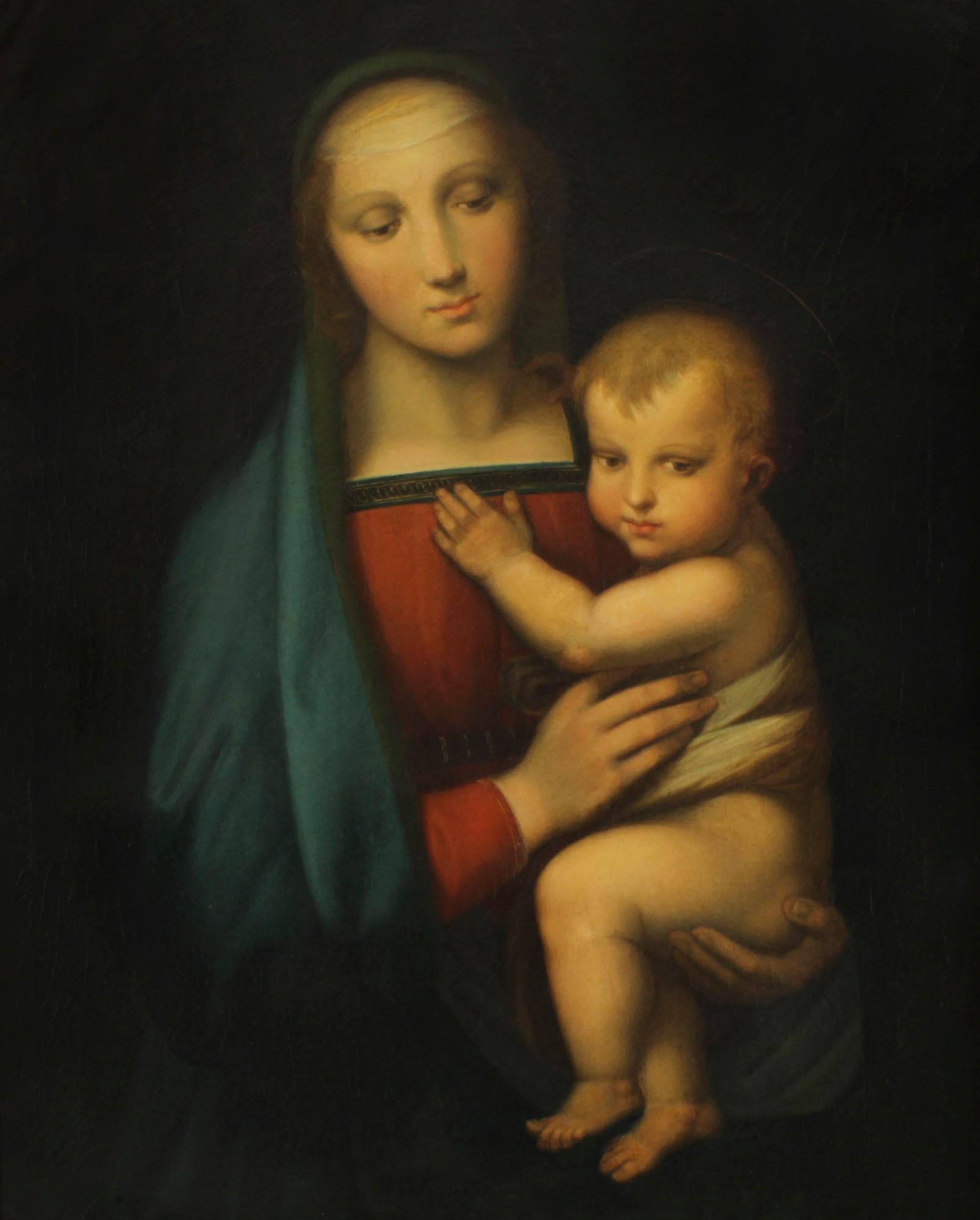 This is a beautiful oil on canvas painting after Raphael, depicting the Madonna and Child in the original giltwood Florentine frame, Circa 1880 in date.

It bears a label to the reverse of stretcher, 'Paoletti and Ferretti, Painters, Copies and
