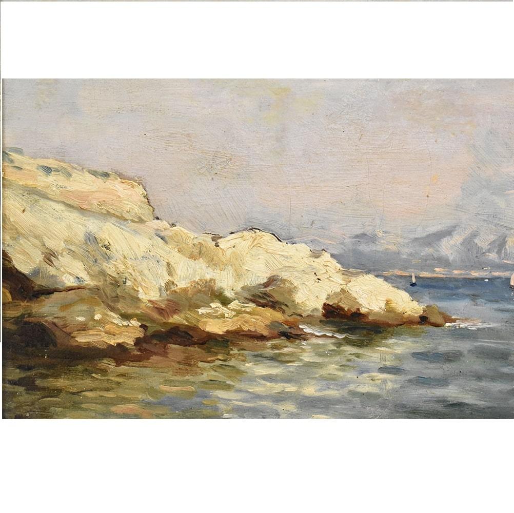 Napoleon III Antique Painting, Marine Painting, Rocky Cliff, Small Seascape Painting For Sale