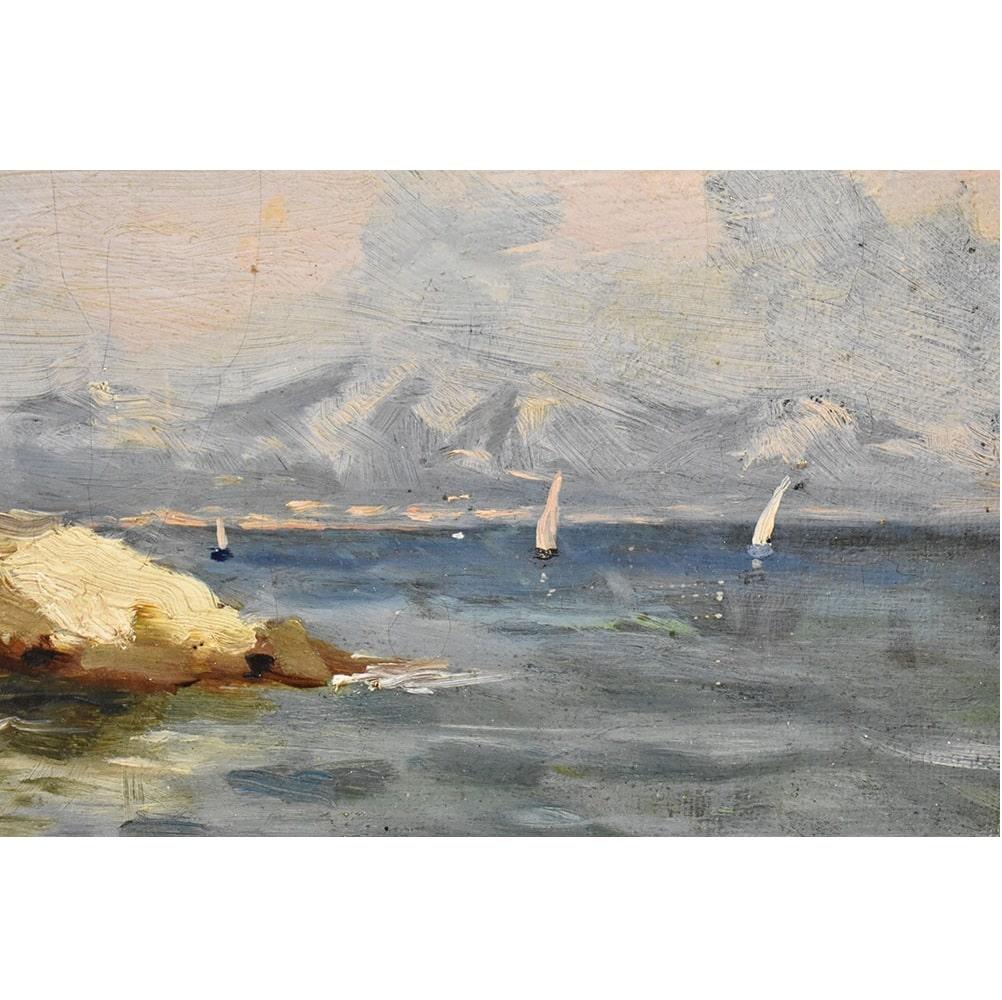French Antique Painting, Marine Painting, Rocky Cliff, Small Seascape Painting For Sale