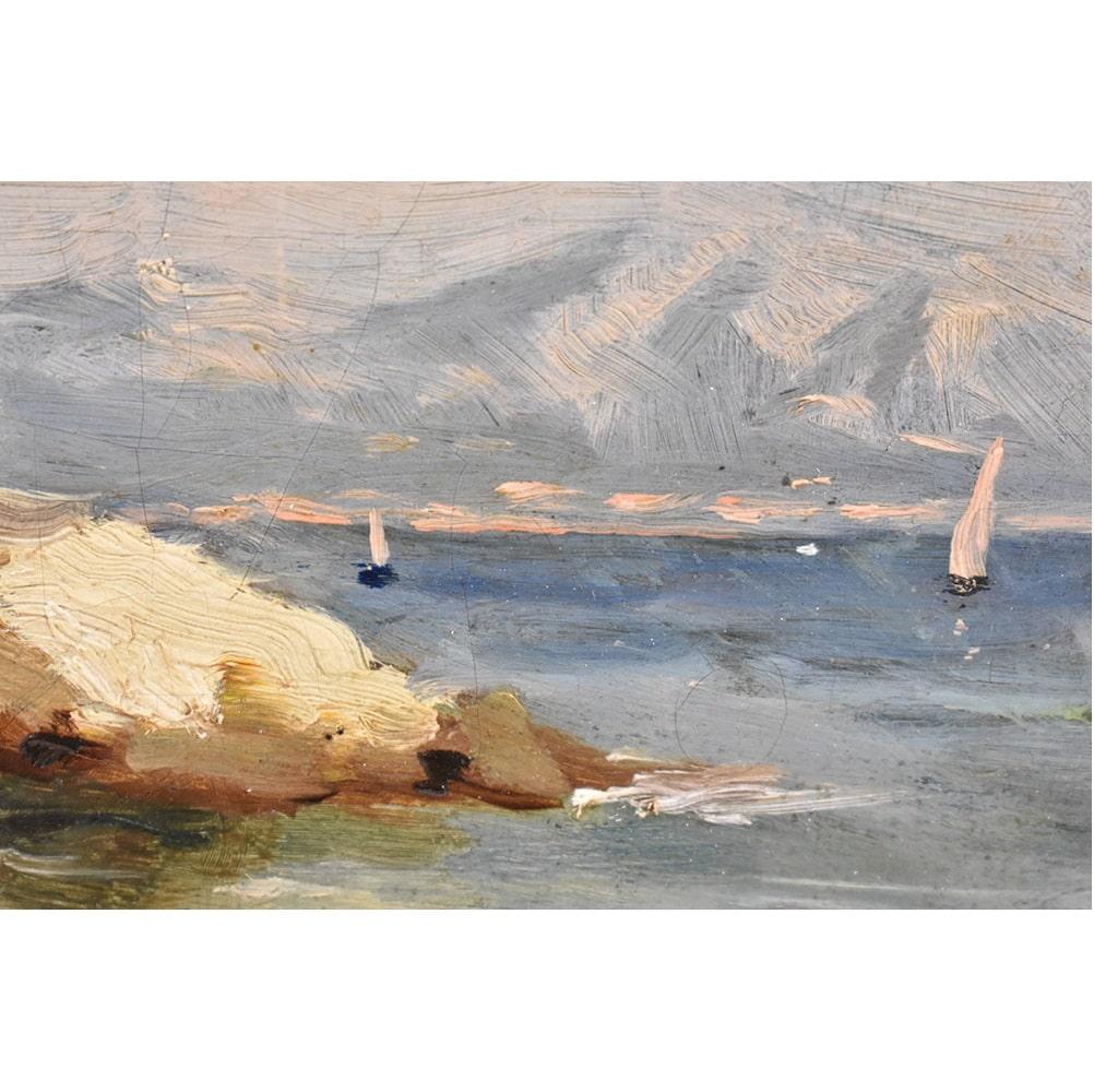 Painted Antique Painting, Marine Painting, Rocky Cliff, Small Seascape Painting For Sale