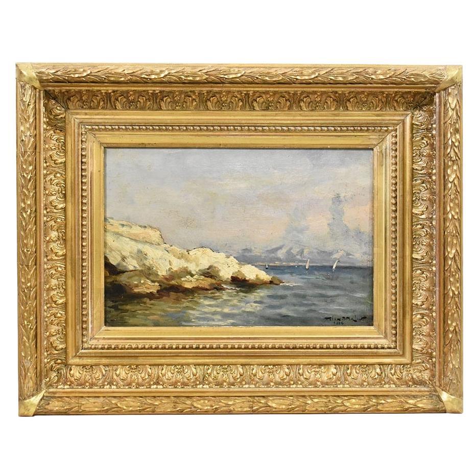 Antique Painting, Marine Painting, Rocky Cliff, Small Seascape Painting For Sale