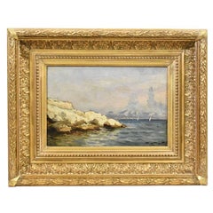 Antique Painting, Marine Painting, Rocky Cliff, Small Seascape Painting