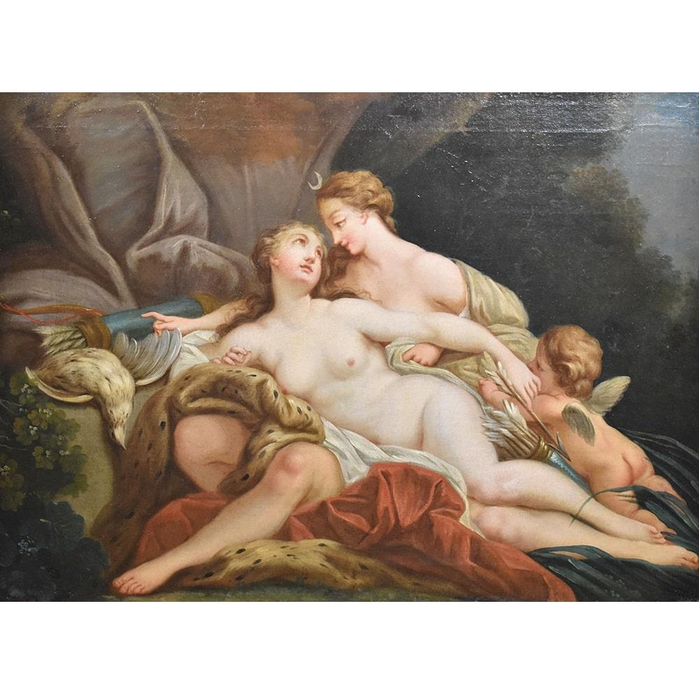 This is an antique Mythology Painting with Diana, end of the 18th Century. This oil painting on canvas has a gold leaf frame. It is a beautiful ancient painting, which represents Diana the Goddess of the Hunt, Greek goddess identified with Artemis