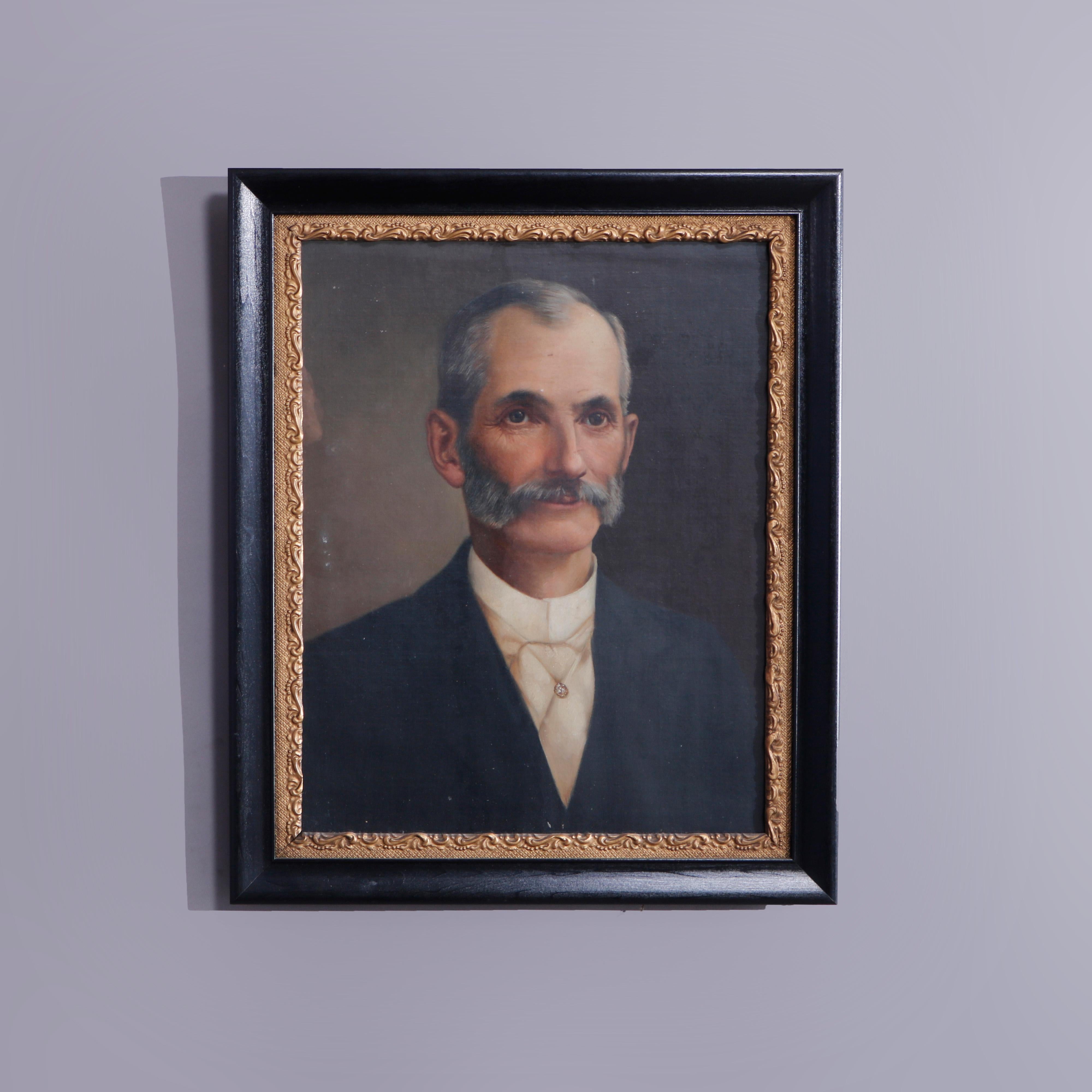 An antique painting of a gentleman offers oil on canvas laid on board portrait of a gentleman, en verso attribution to Charles Walz 1910, seated in ebonized and gilt wood frame, early 20th century

Measures - 24.25'' H x 20.25'' W x 1'' D; sight: