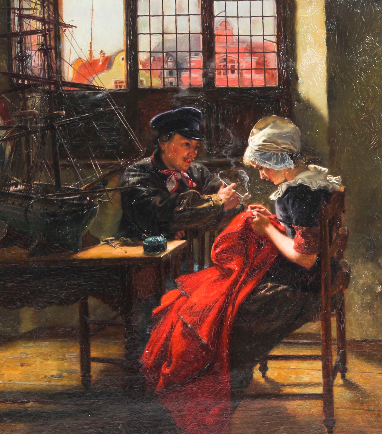 This is a beautiful antique oil on canvas painting by the renowned German artist Carl Leopold Voss (1856 -1921) dating from the 19th century and signed lower right.

The painting is of a young couple dressed in 19th-century attire sitting in a