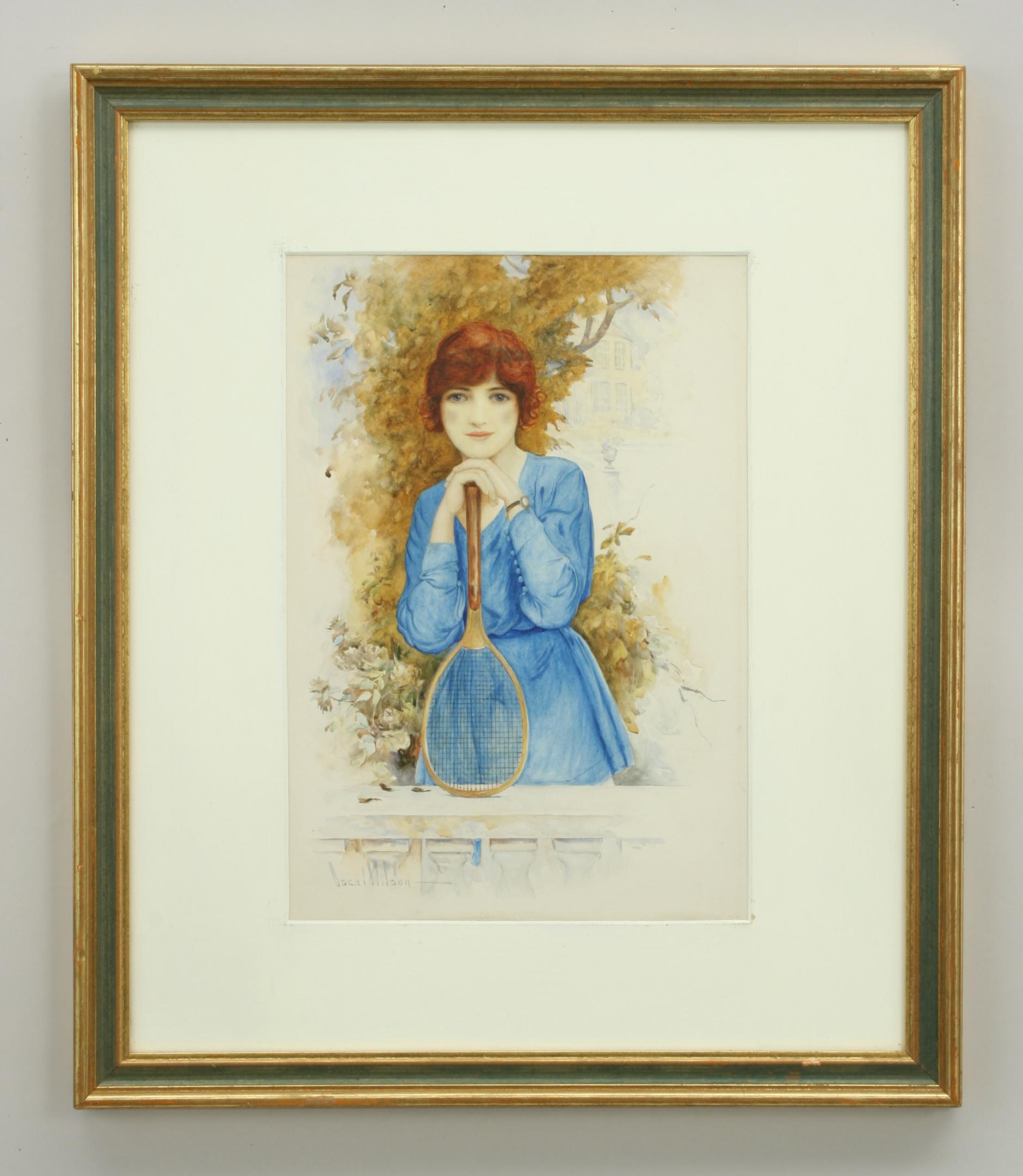 Sporting Art Antique Painting of a Young Tennis Player, Watercolor For Sale