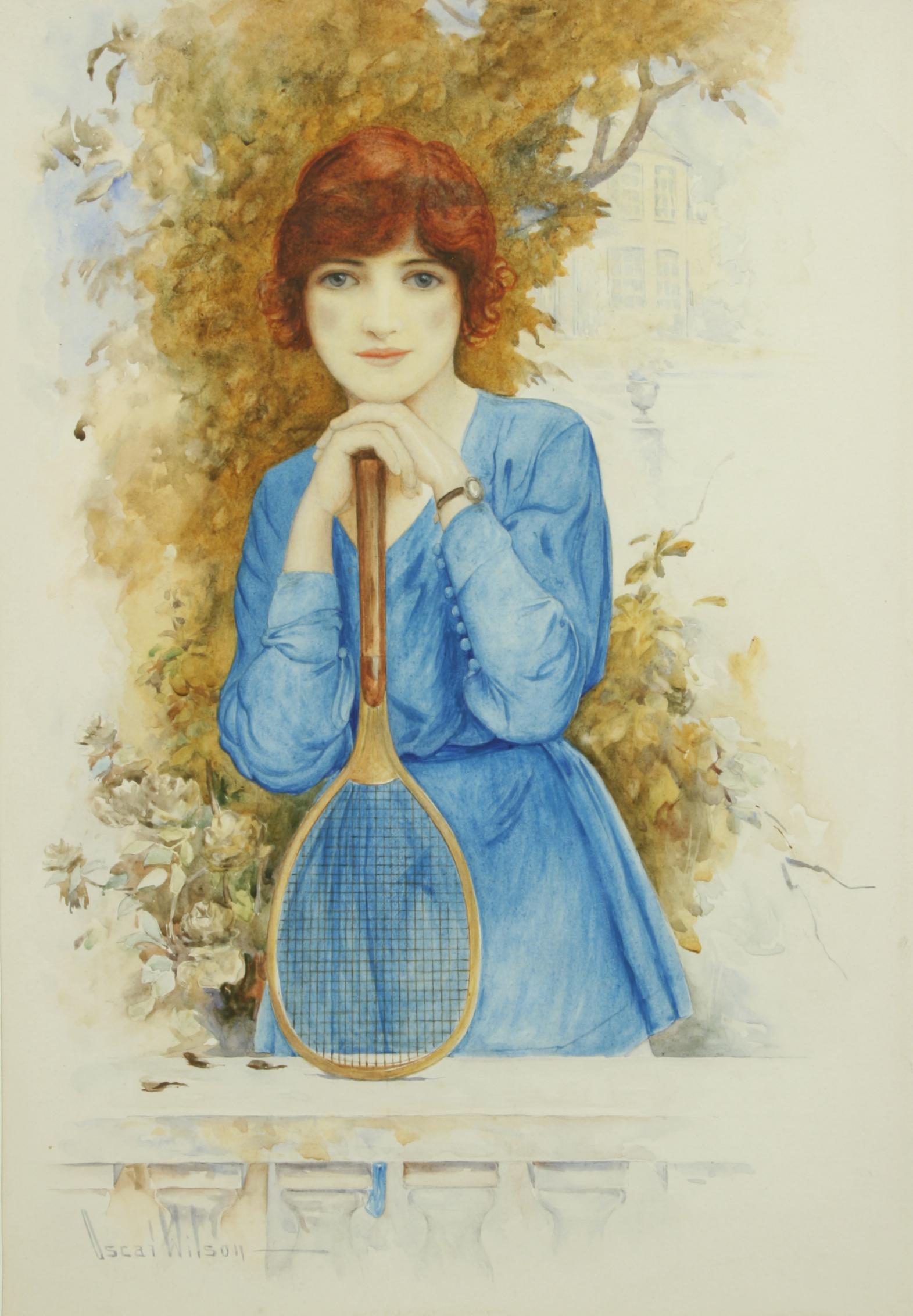 English Antique Painting of a Young Tennis Player, Watercolor For Sale