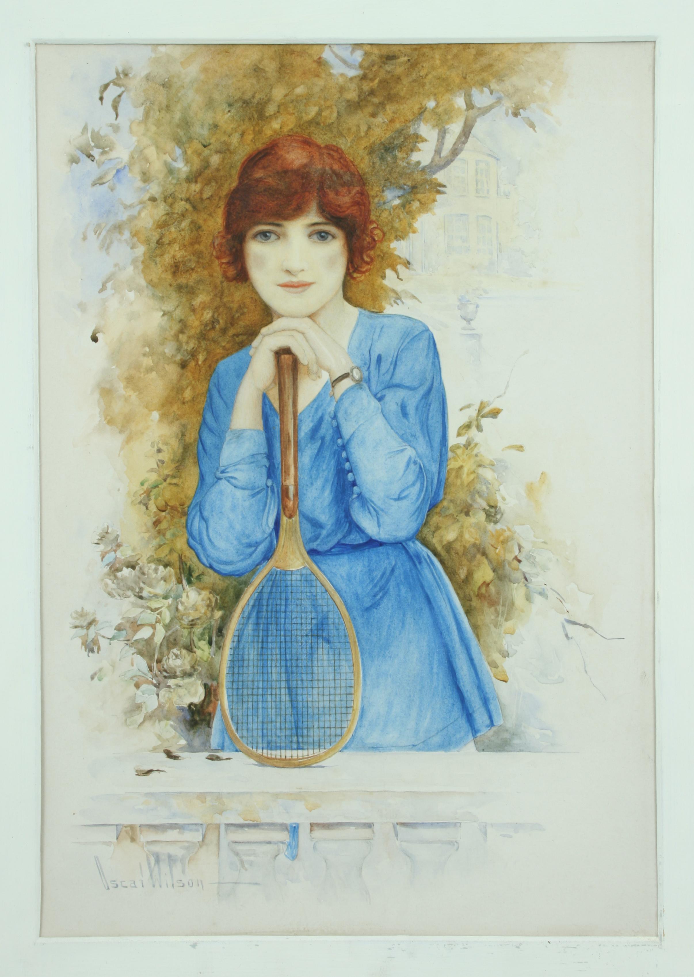 Antique Painting of a Young Tennis Player, Watercolor In Good Condition For Sale In Oxfordshire, GB