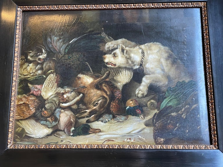 Victorian Antique Painting of Cat and Dog Fighting Over Small Game Birds Hunting ca. 1850 For Sale