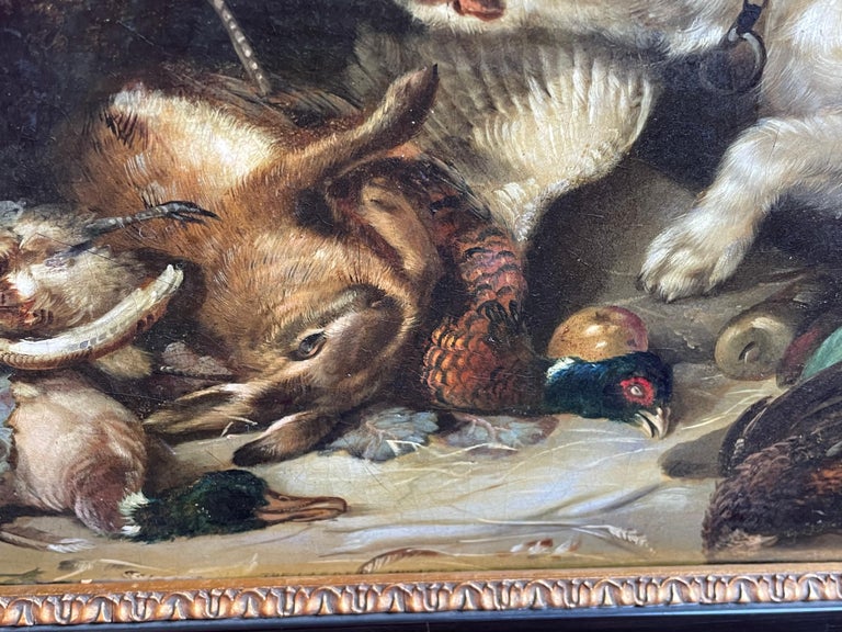 British Antique Painting of Cat and Dog Fighting Over Small Game Birds Hunting ca. 1850 For Sale