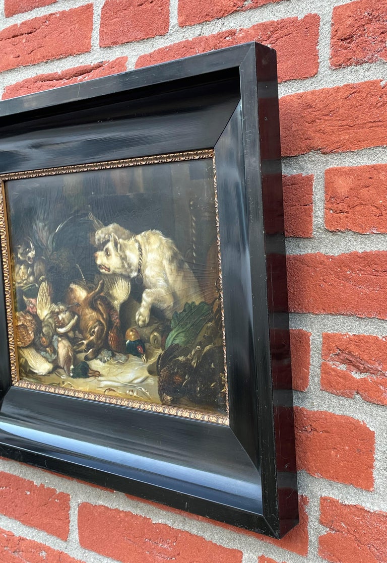 Antique Painting of Cat and Dog Fighting Over Small Game Birds Hunting ca. 1850 In Good Condition For Sale In Lisse, NL