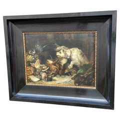Antique Painting of Cat and Dog Fighting Over Small Game Birds Hunting ca. 1850