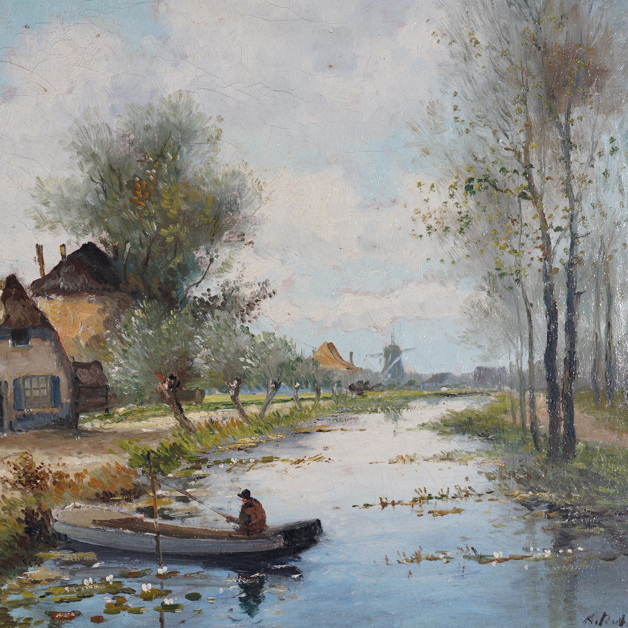 An antique painting by Rutgers offers oil on canvas Dutch landscape scene with structures, fisherman in boat and windmill, artist signed, 20th century

Measures - 20