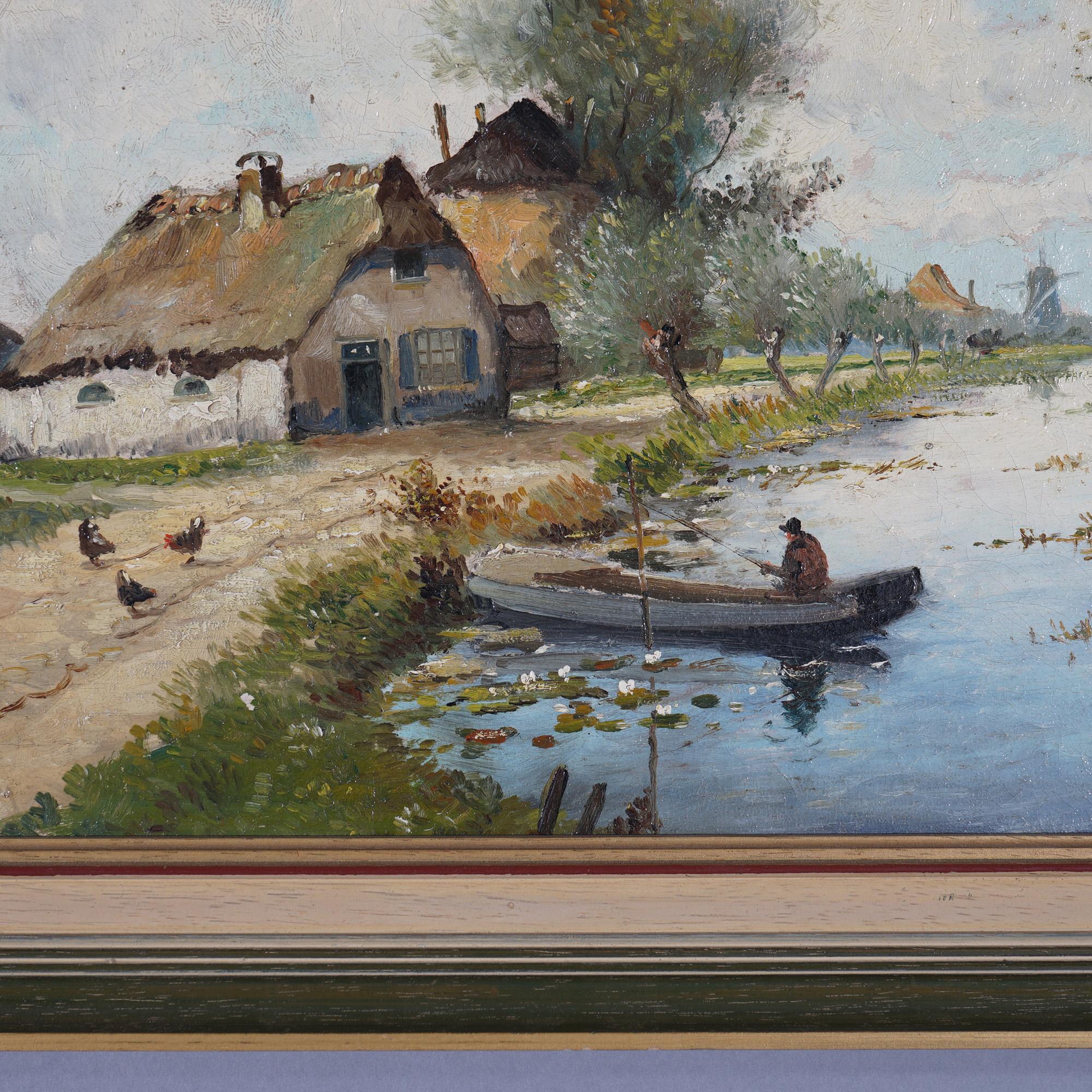 Hand-Painted Antique Painting of Dutch Farm Landscape with Man Fishing by Rutger 20th C For Sale