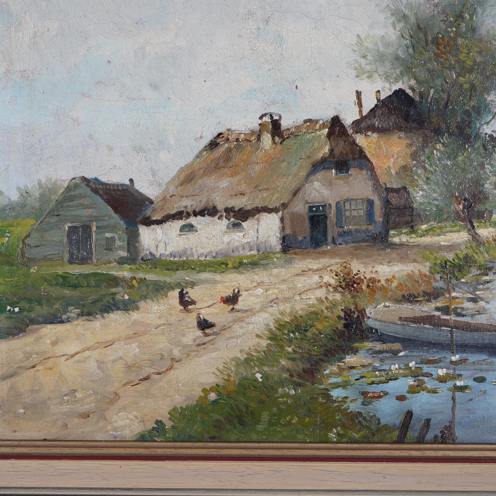 Antique Painting of Dutch Farm Landscape with Man Fishing by Rutger 20th C In Good Condition For Sale In Big Flats, NY