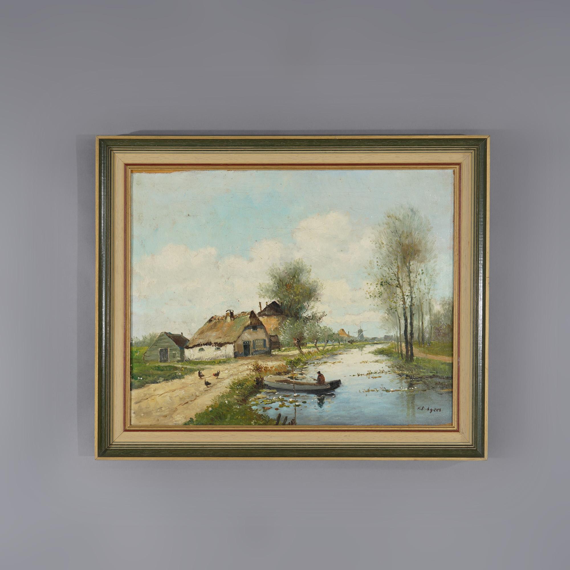 20th Century Antique Painting of Dutch Farm Landscape with Man Fishing by Rutger 20th C For Sale