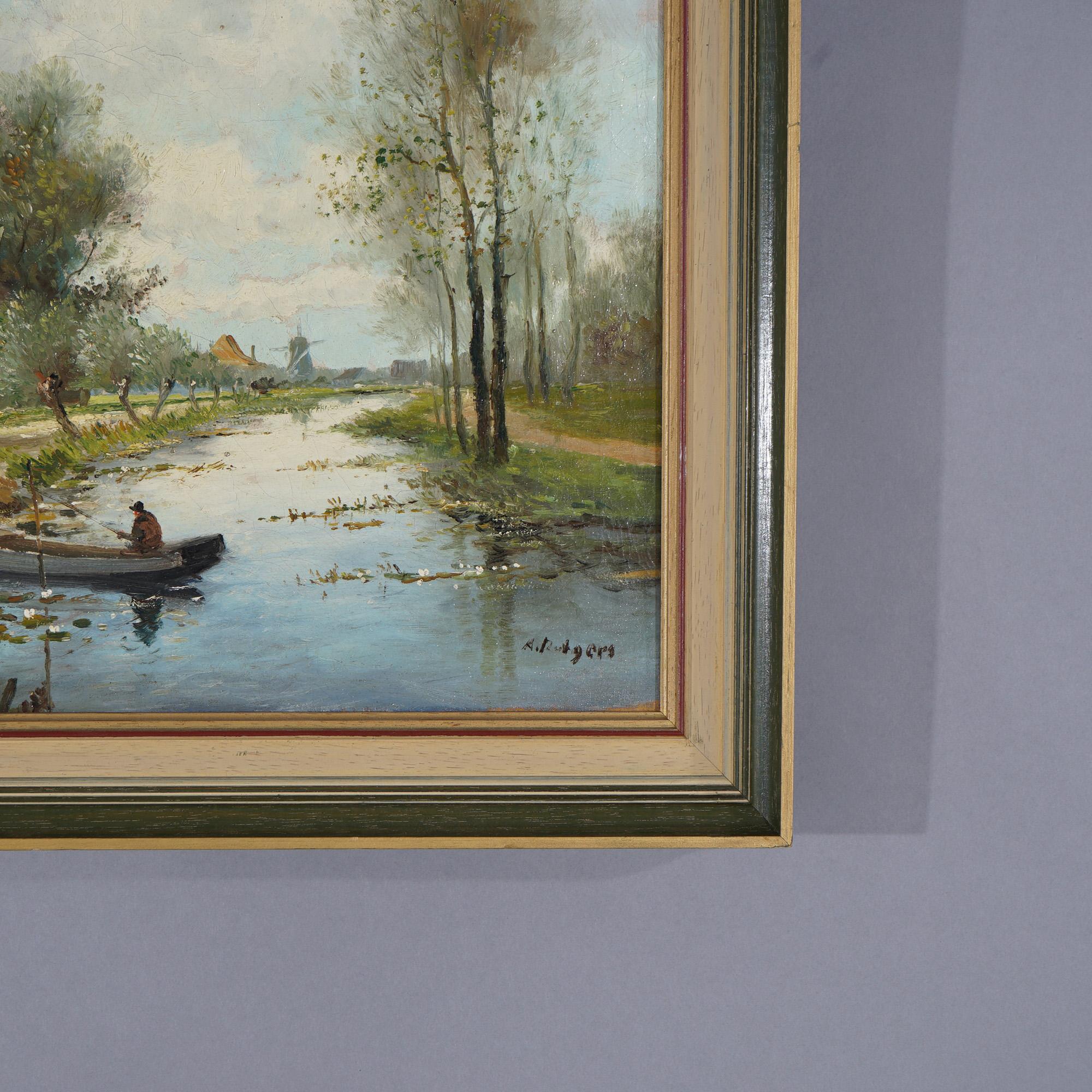 Canvas Antique Painting of Dutch Farm Landscape with Man Fishing by Rutger 20th C For Sale