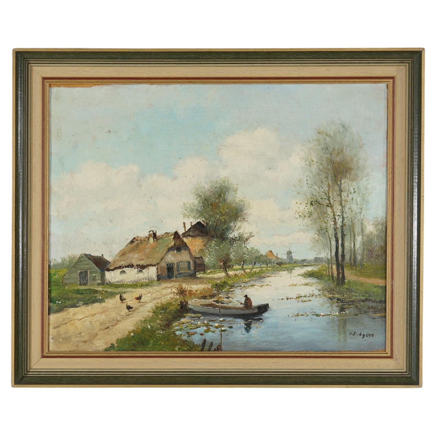 Antique Painting of Dutch Farm Landscape with Man Fishing by Rutger 20th C For Sale