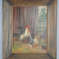 Antique Painting of Farm Scene with Barn Yard Rooster & Hens, Signed Shank, 1903