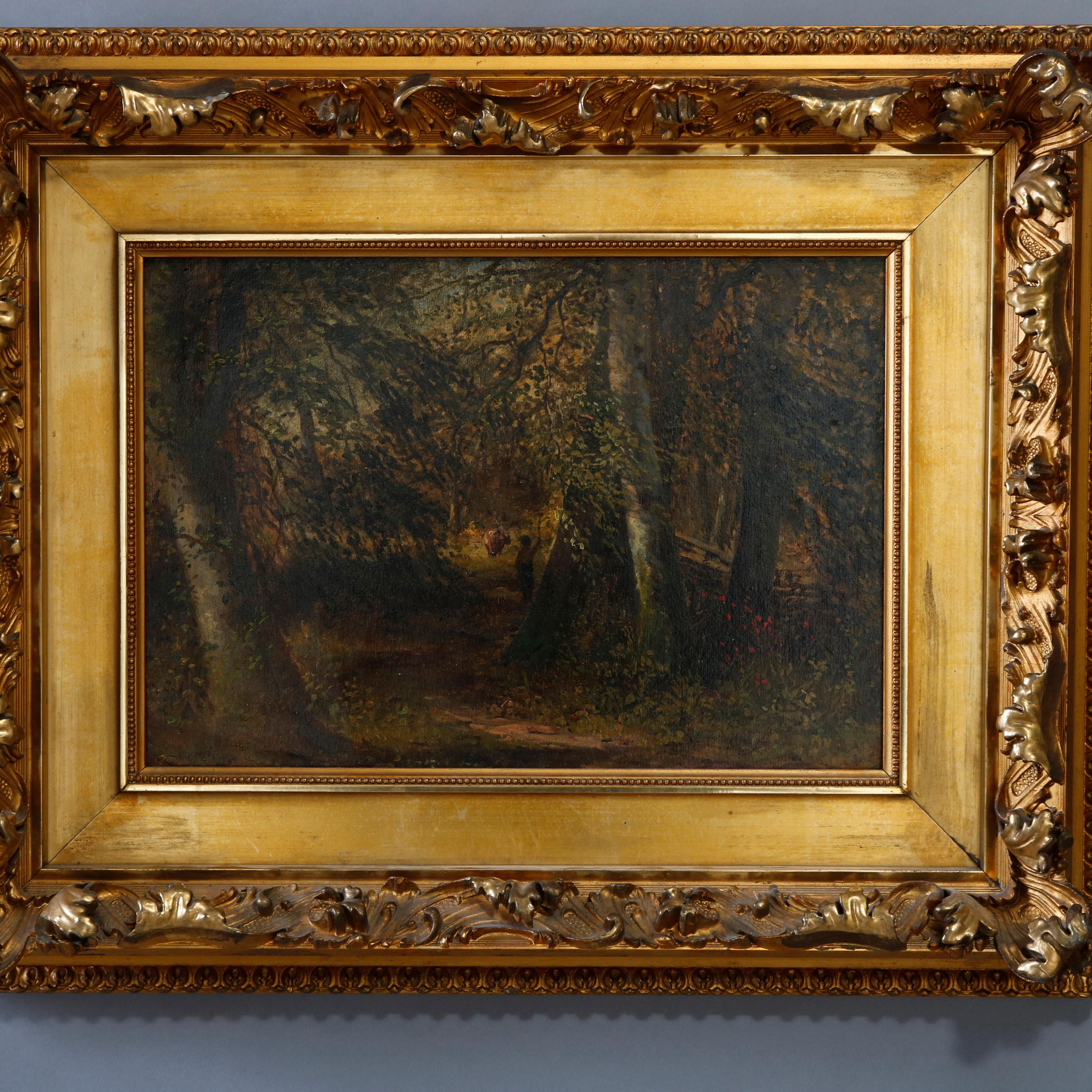 An antique oil on board painting of forest landscape with figures, seated in ornate giltwood frame, en verso signed T. M. Pomeroy, c1890.

Measures: 17