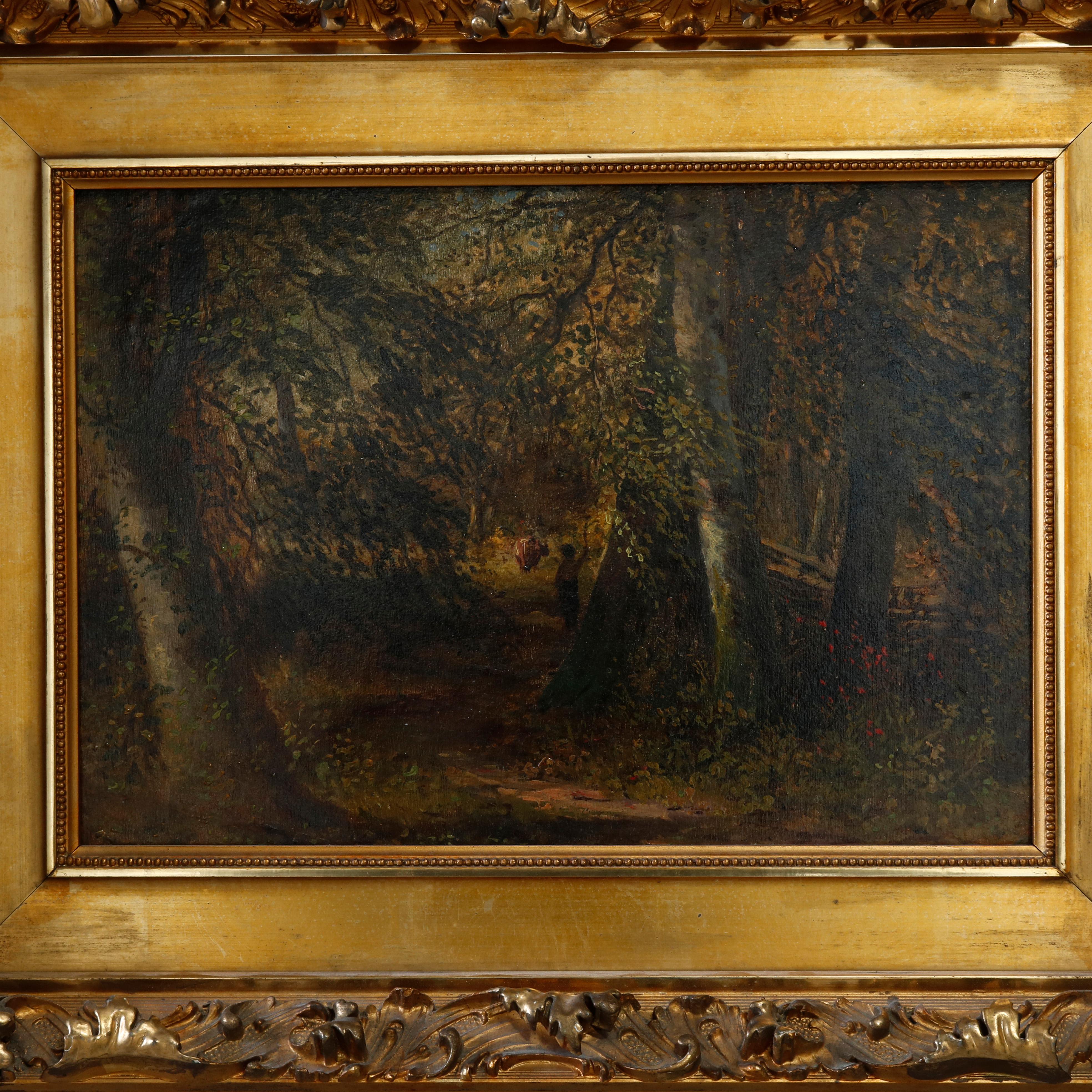 American Antique Painting of Forest Landscape with Figures, Ornate Giltwood Frame, c 1890