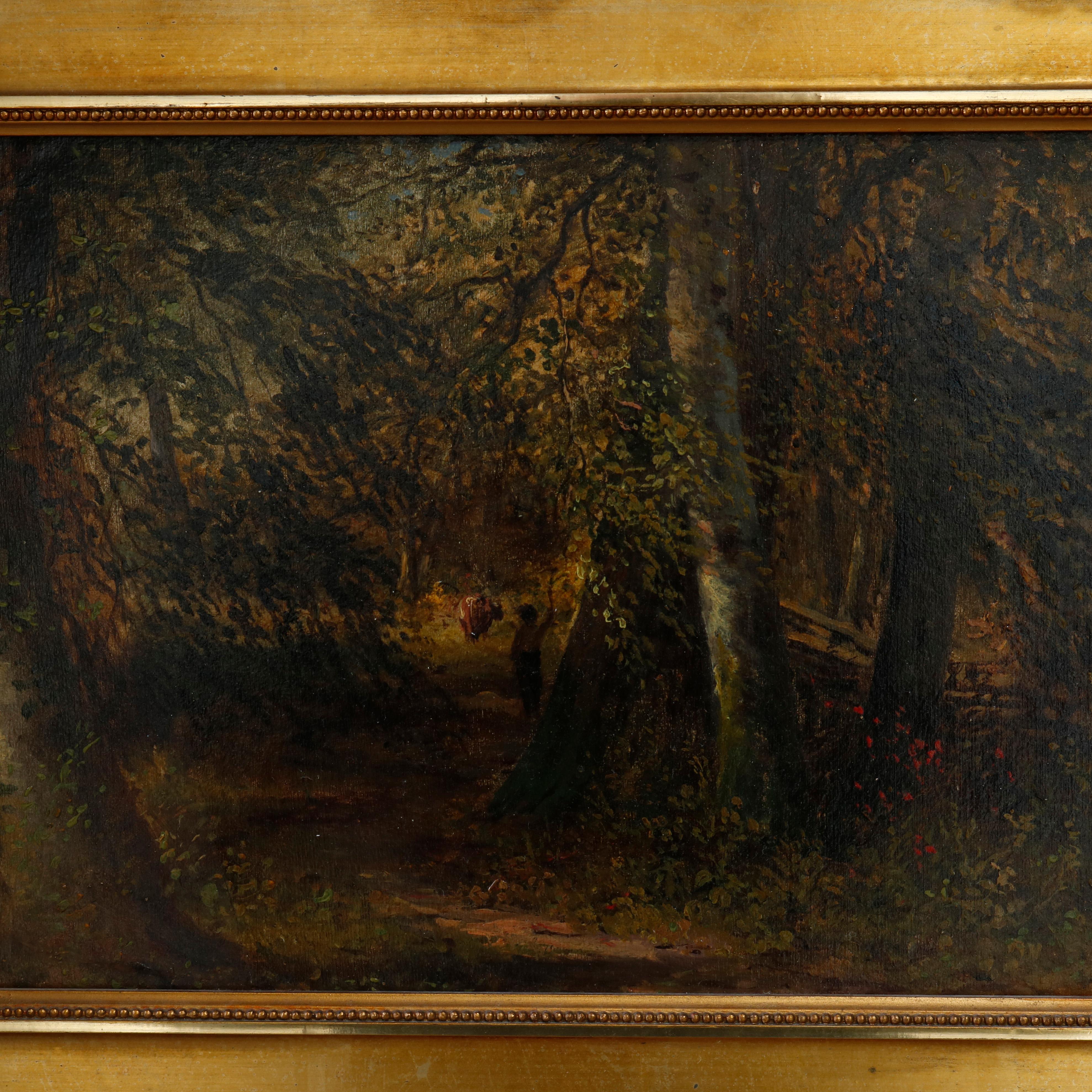 Carved Antique Painting of Forest Landscape with Figures, Ornate Giltwood Frame, c 1890