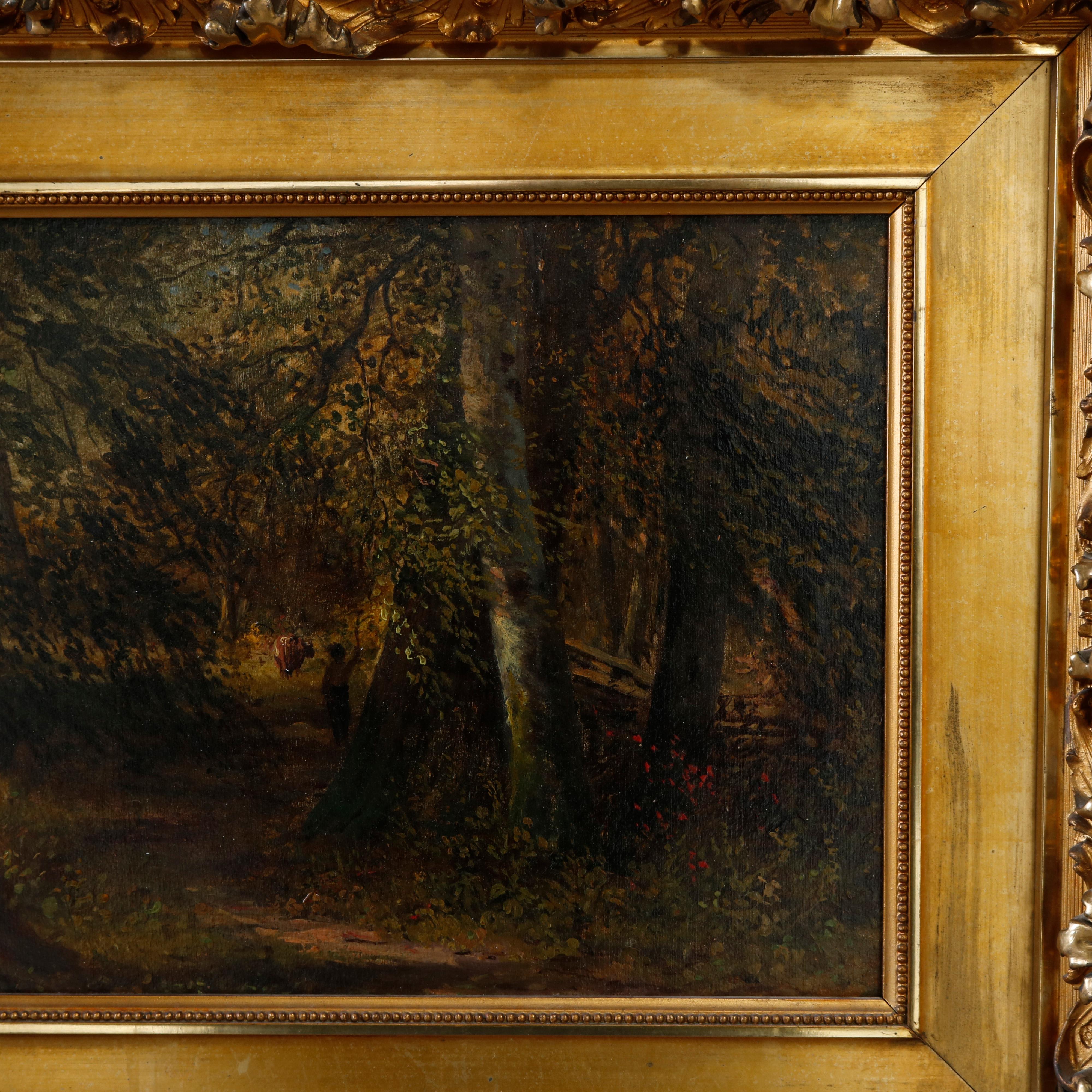 Antique Painting of Forest Landscape with Figures, Ornate Giltwood Frame, c 1890 In Good Condition In Big Flats, NY