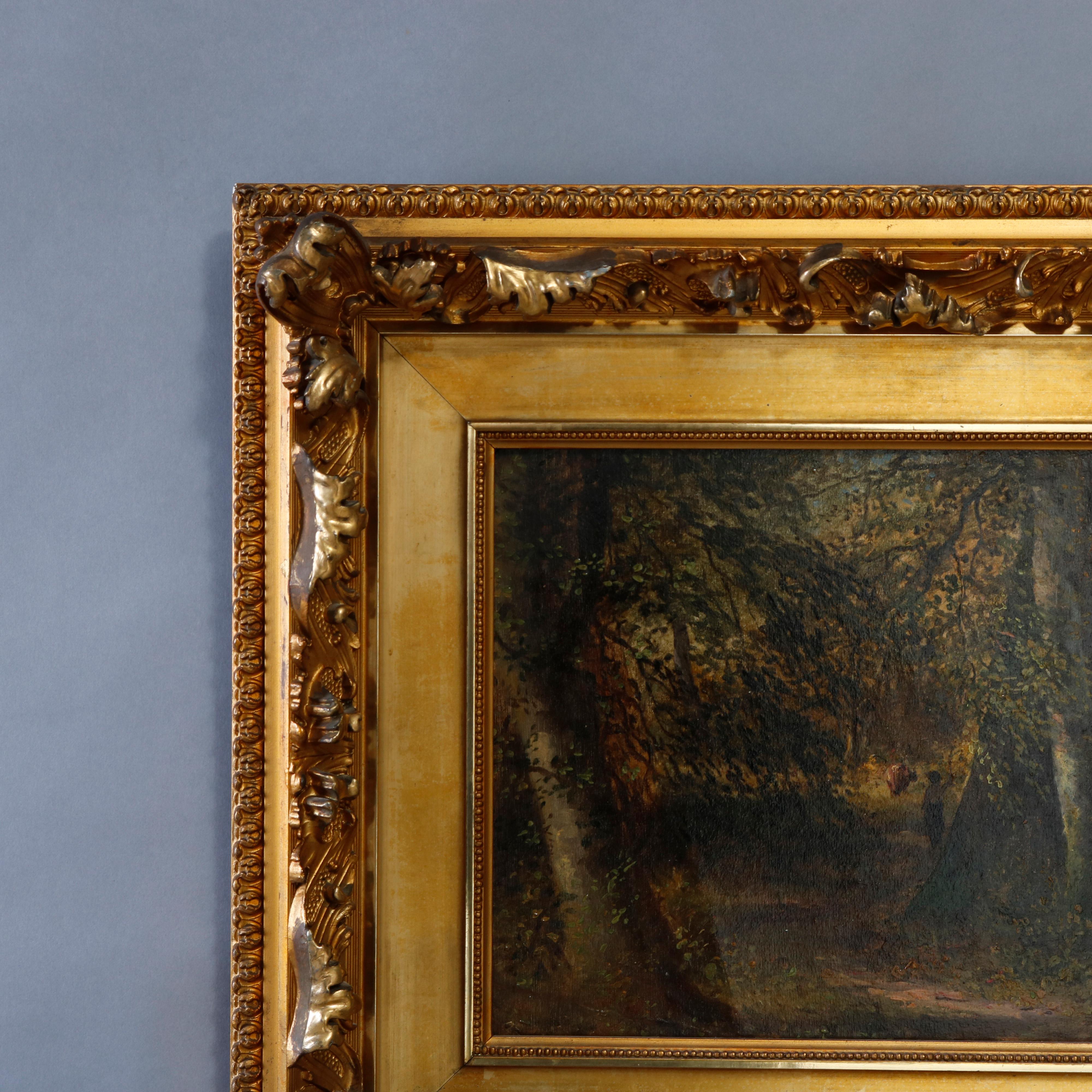 19th Century Antique Painting of Forest Landscape with Figures, Ornate Giltwood Frame, c 1890