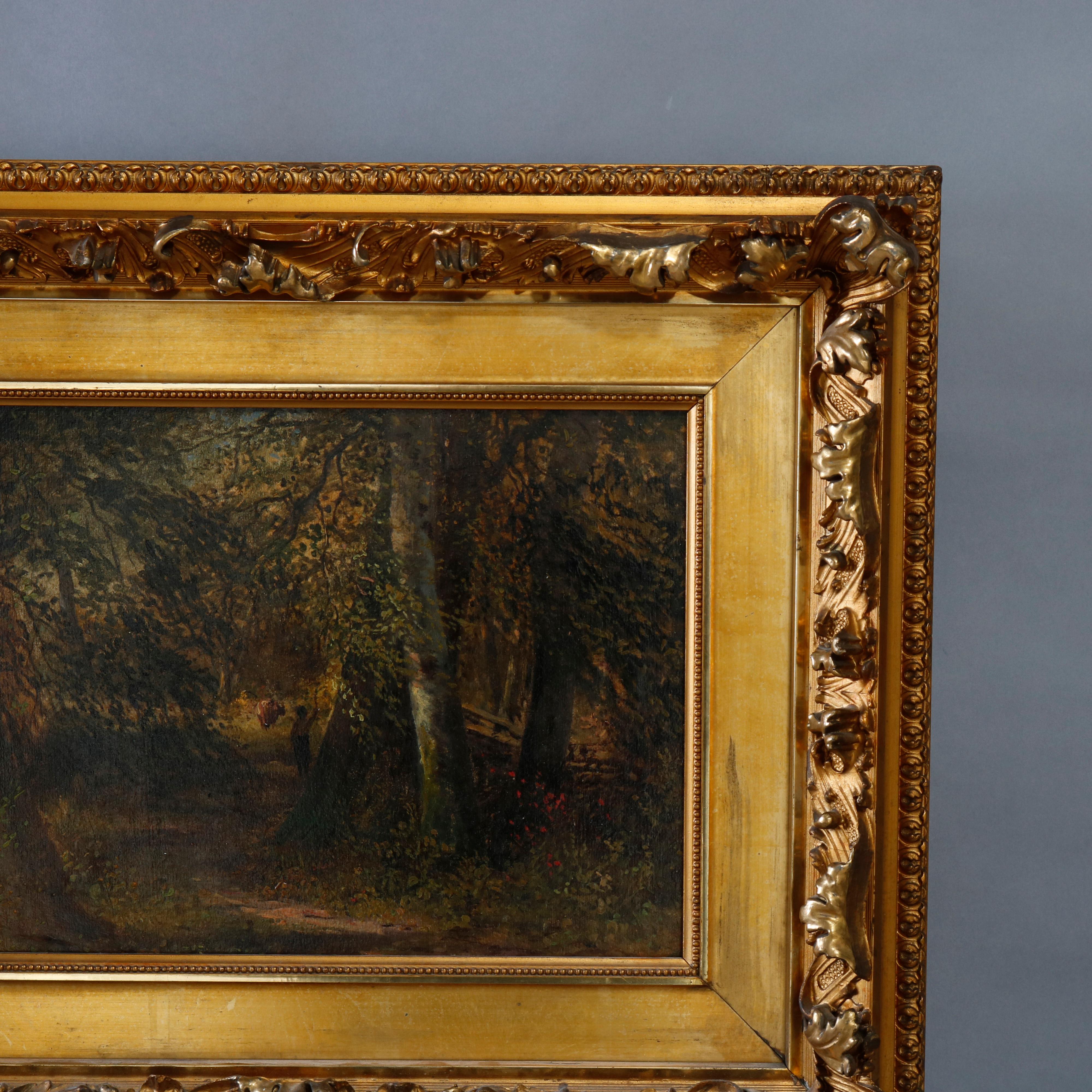 Wood Antique Painting of Forest Landscape with Figures, Ornate Giltwood Frame, c 1890