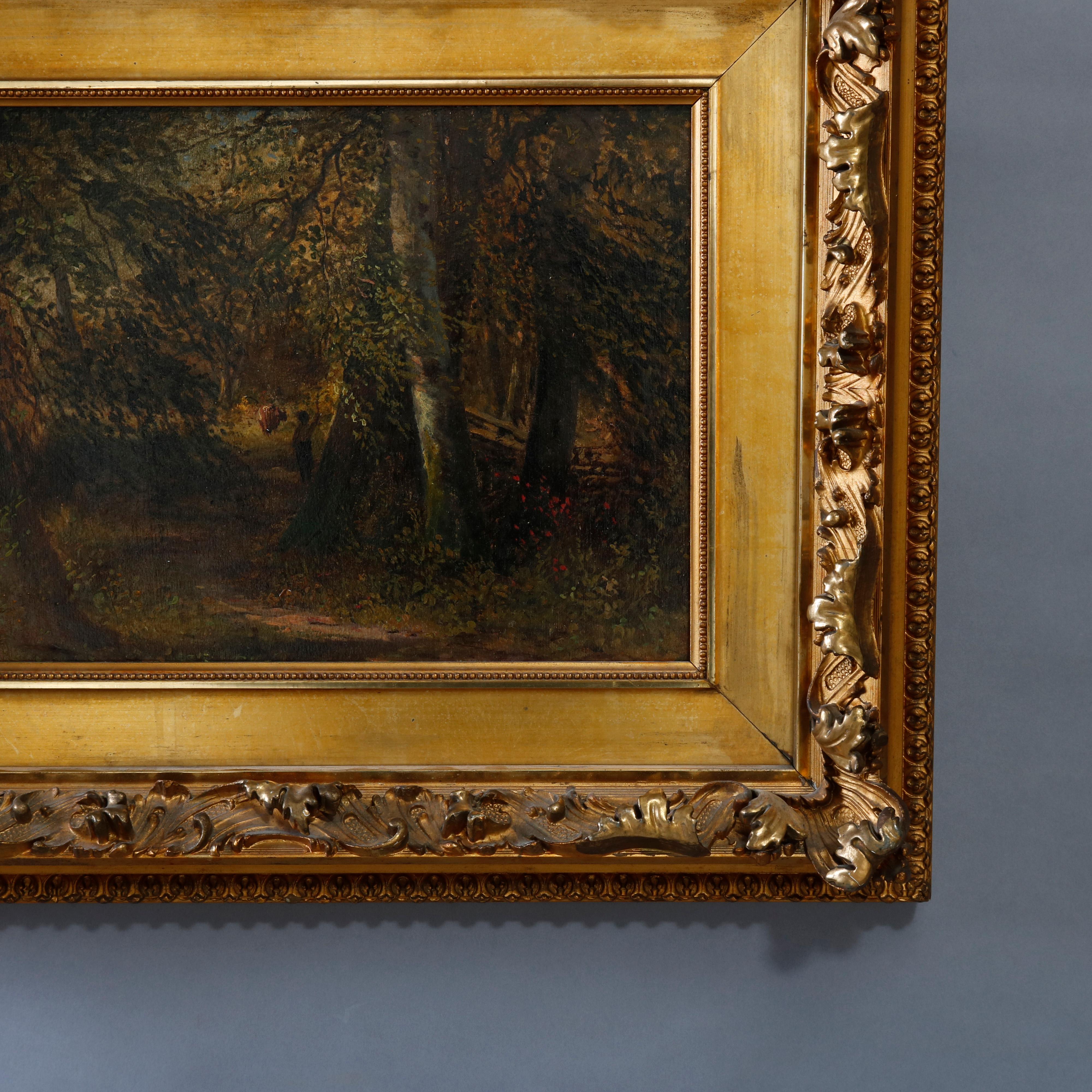 Antique Painting of Forest Landscape with Figures, Ornate Giltwood Frame, c 1890 2