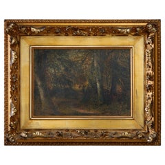 Antique Painting of Forest Landscape with Figures, Ornate Giltwood Frame, c 1890