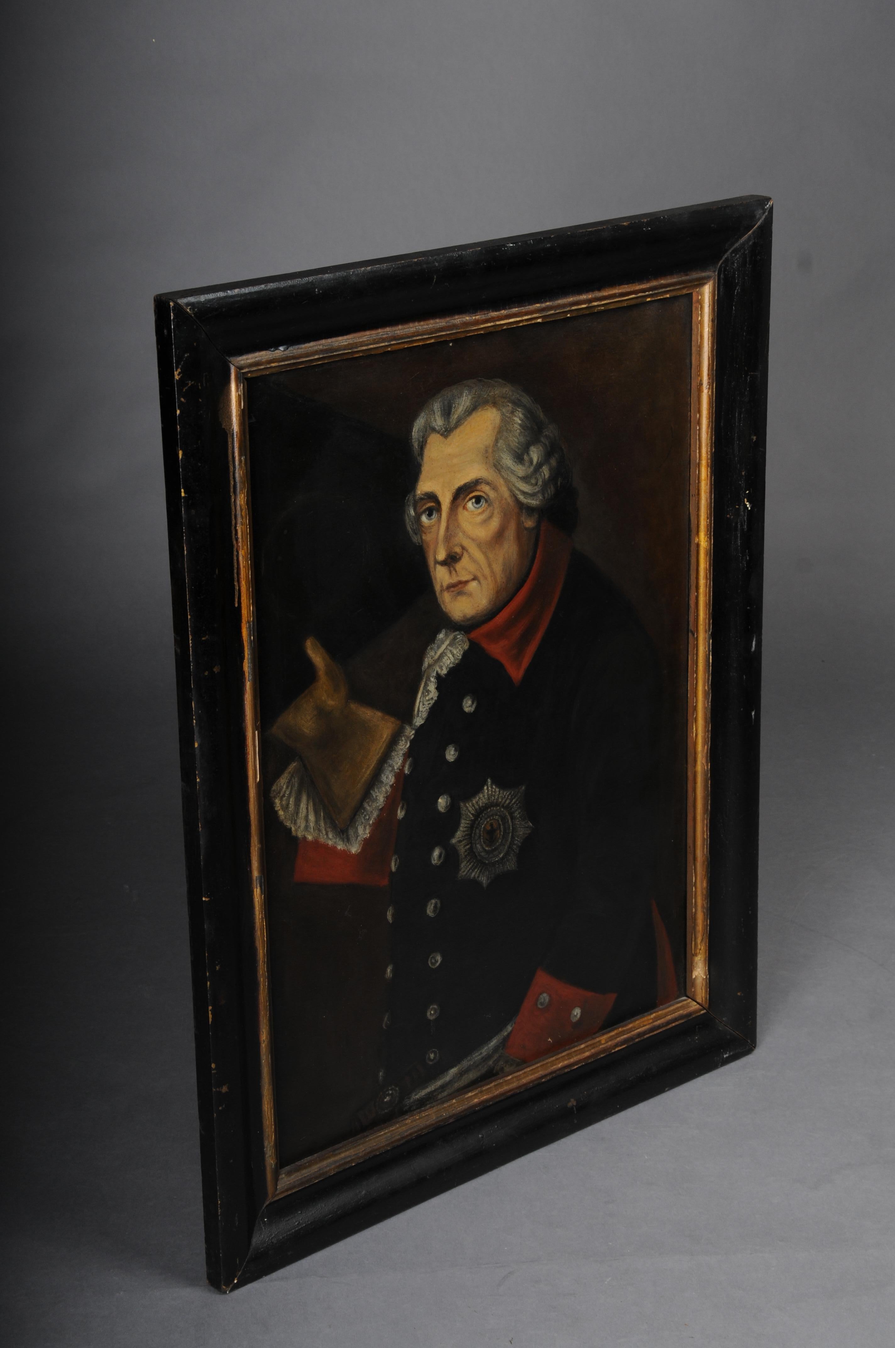 Antikes Gemälde von Frederick II./Frederick dem Großen nach Anton Graff

Ölgemälde auf Leinwand von König Friedrich II. oder besser bekannt als Friedrich der Große von Preußen. Originaler schwarzer und goldener Holzrahmen.