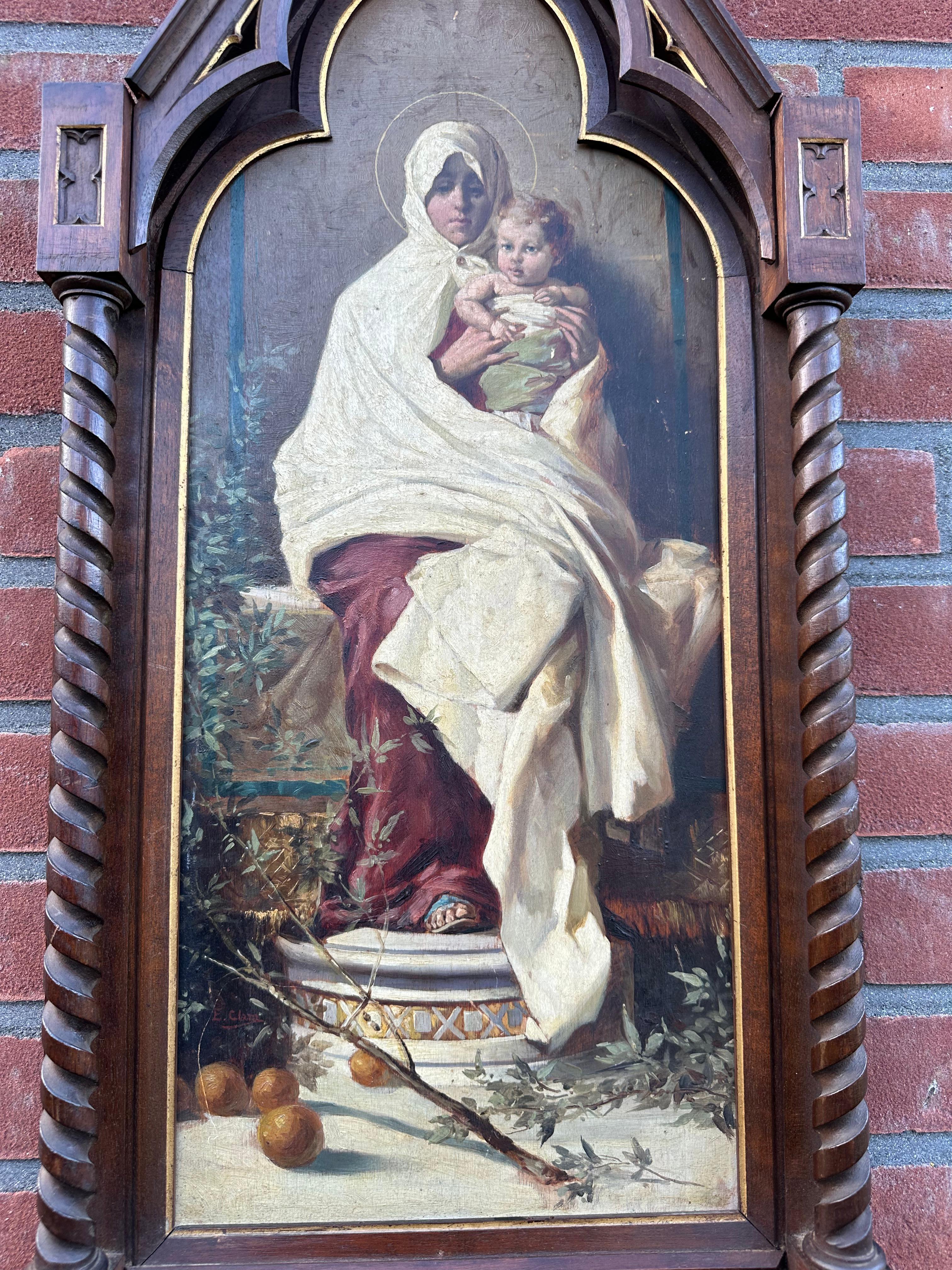 Peinture ancienne de Saint- Marie et enfant d'après Nicolo Barabino dans un cadre gothique en chêne en vente 3