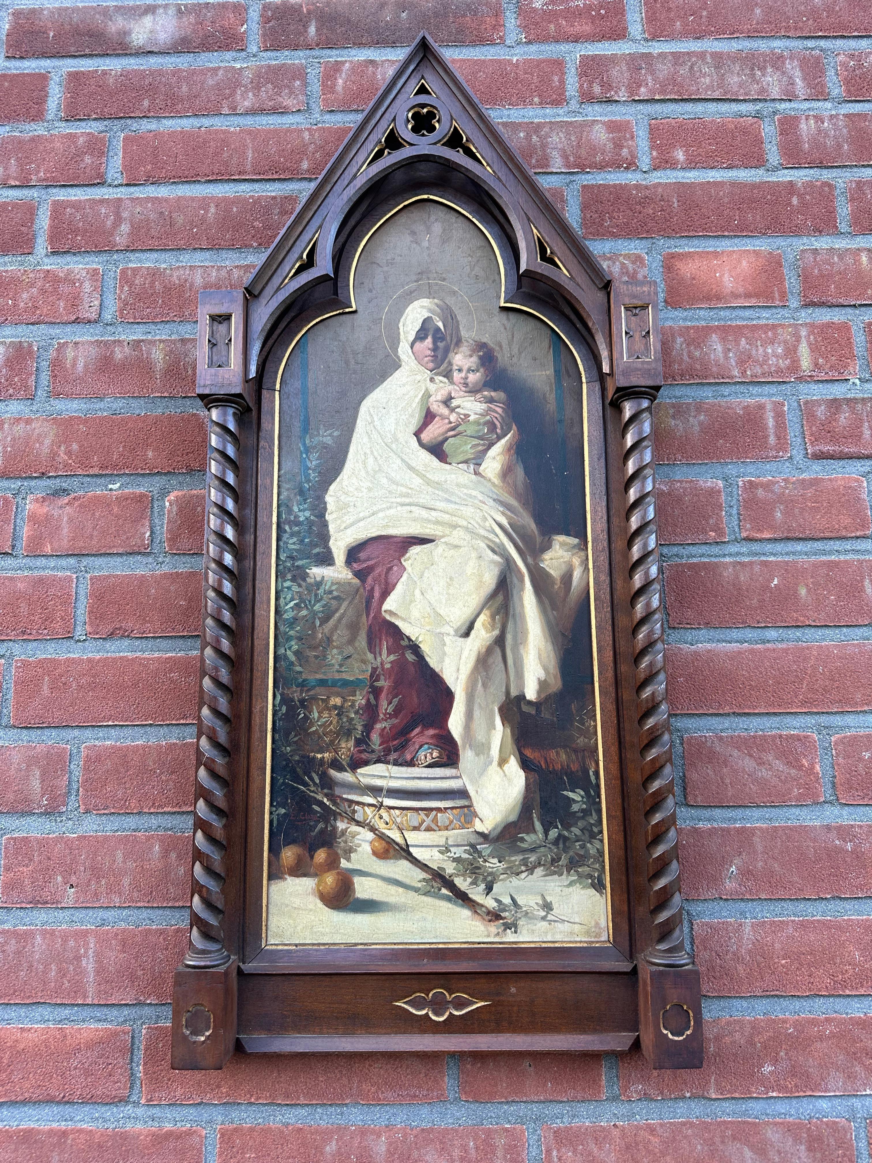 Peinture ancienne de Saint- Marie et enfant d'après Nicolo Barabino dans un cadre gothique en chêne en vente 4
