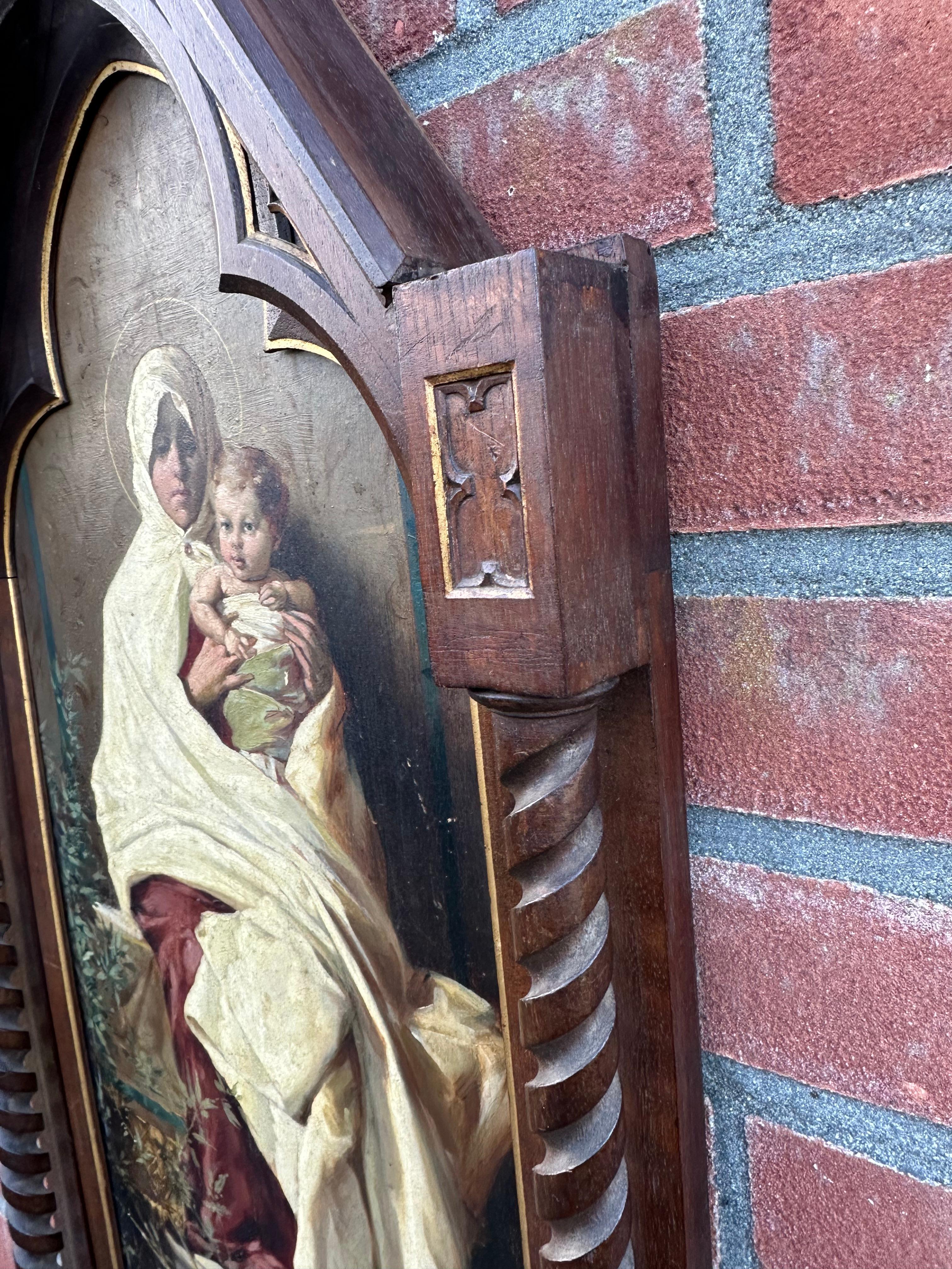 Antique Painting of Holy Mary & Child after Nicolo Barabino in Oak Gothic Frame For Sale 8