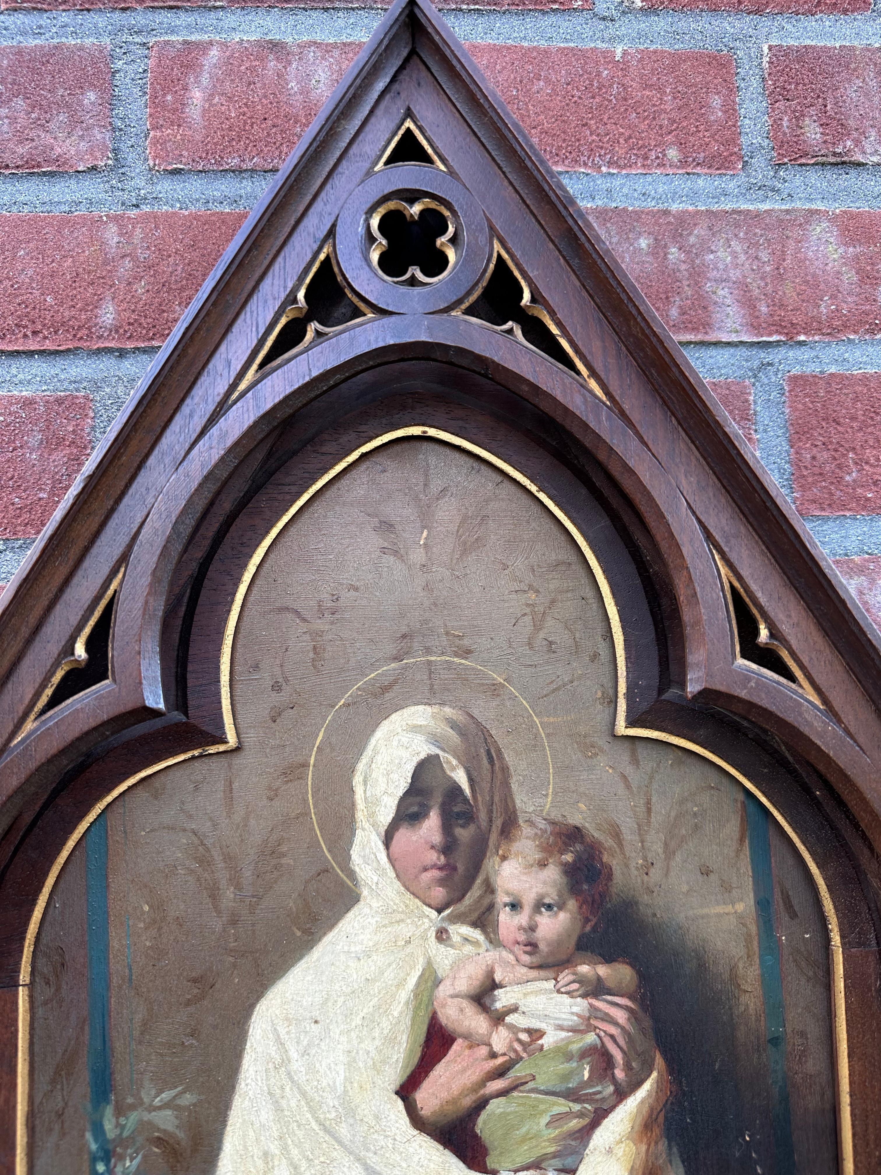 Antique Painting of Holy Mary & Child after Nicolo Barabino in Oak Gothic Frame For Sale 11