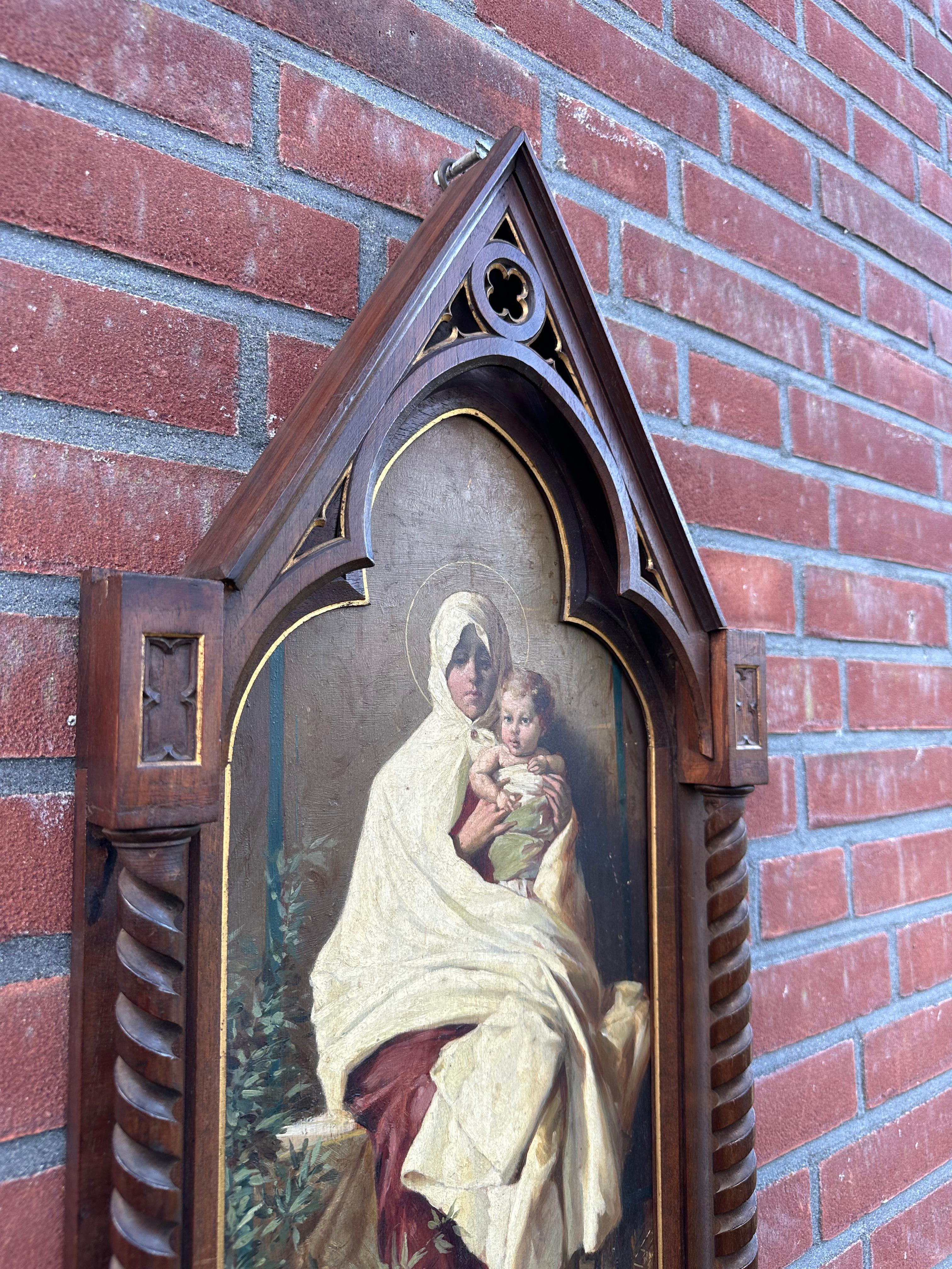 Antique Painting of Holy Mary & Child after Nicolo Barabino in Oak Gothic Frame For Sale 12