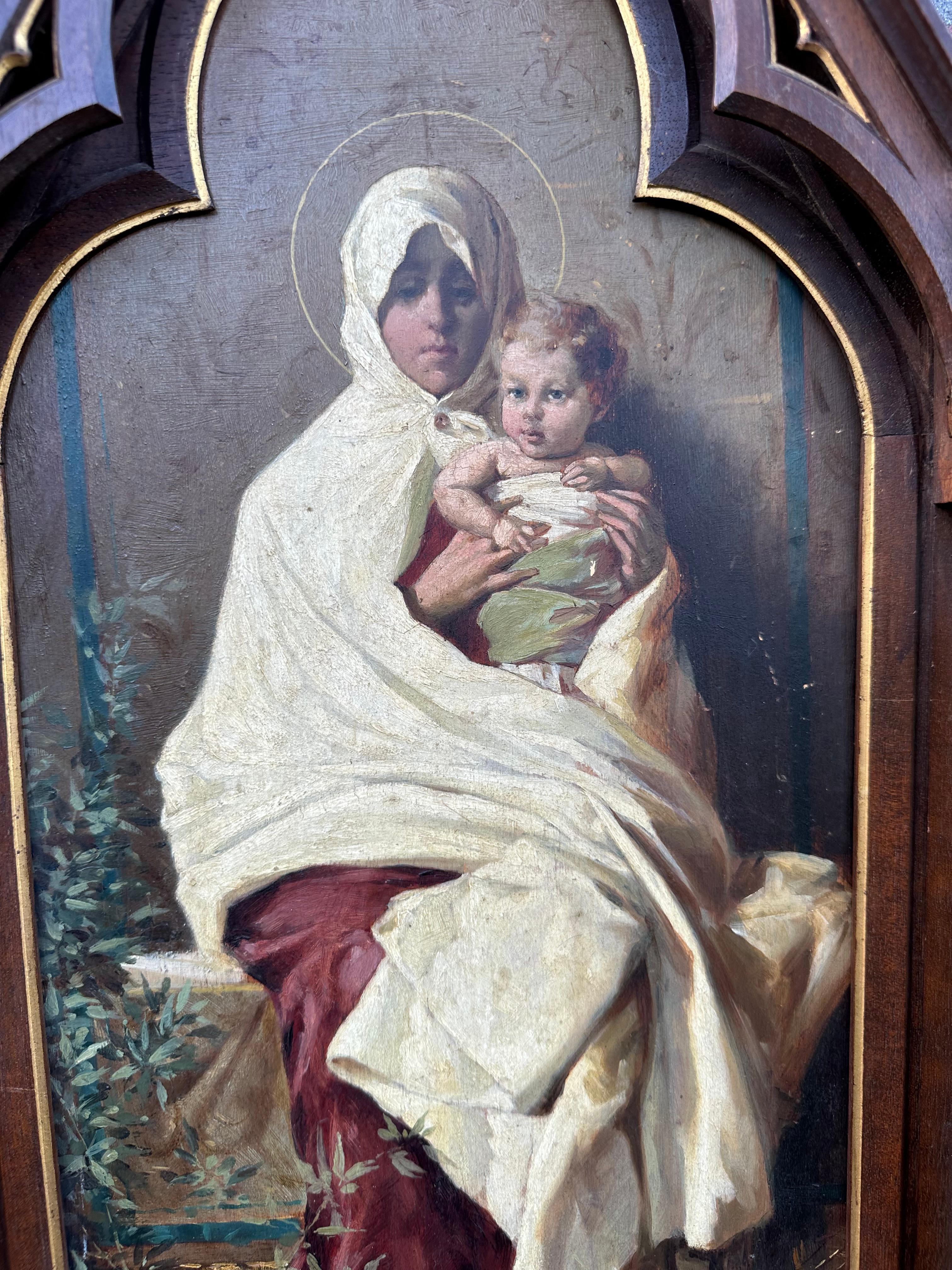 Symbolic and meaningful work of religious art with original label on the back.

Framed oil on wooden panel, Madonna and child, after Italian Nicolo Barabino (1833-1891). The original painting of which this is an antique Italian reproduction is