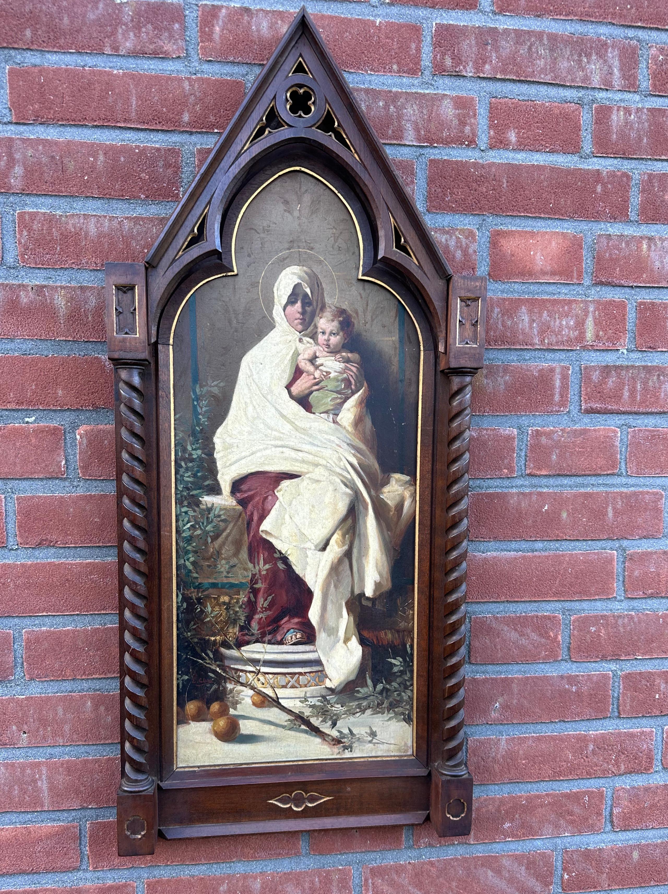 Antique Painting of Holy Mary & Child after Nicolo Barabino in Oak Gothic Frame For Sale 13