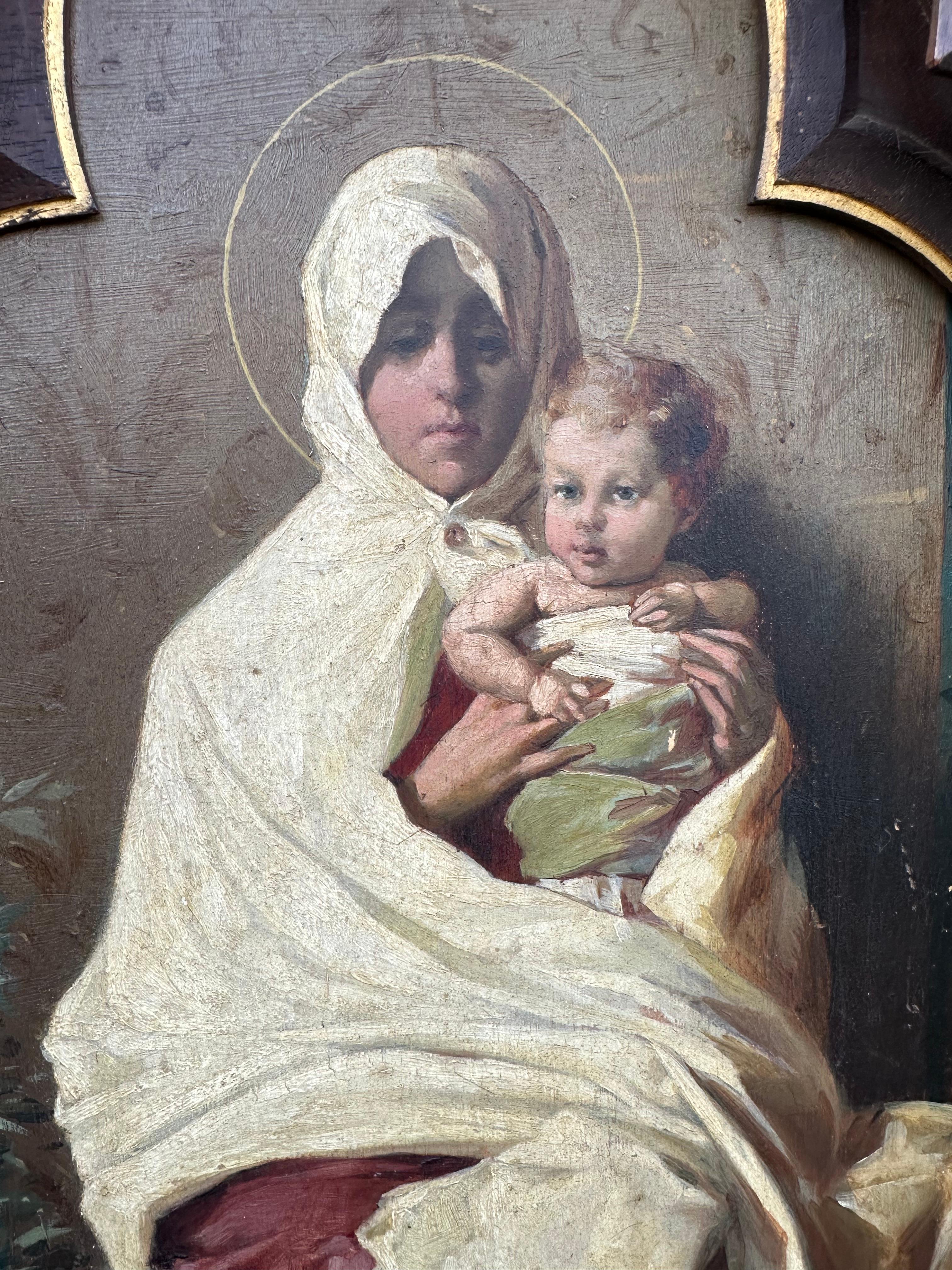 Gothic Revival Antique Painting of Holy Mary & Child after Nicolo Barabino in Oak Gothic Frame For Sale