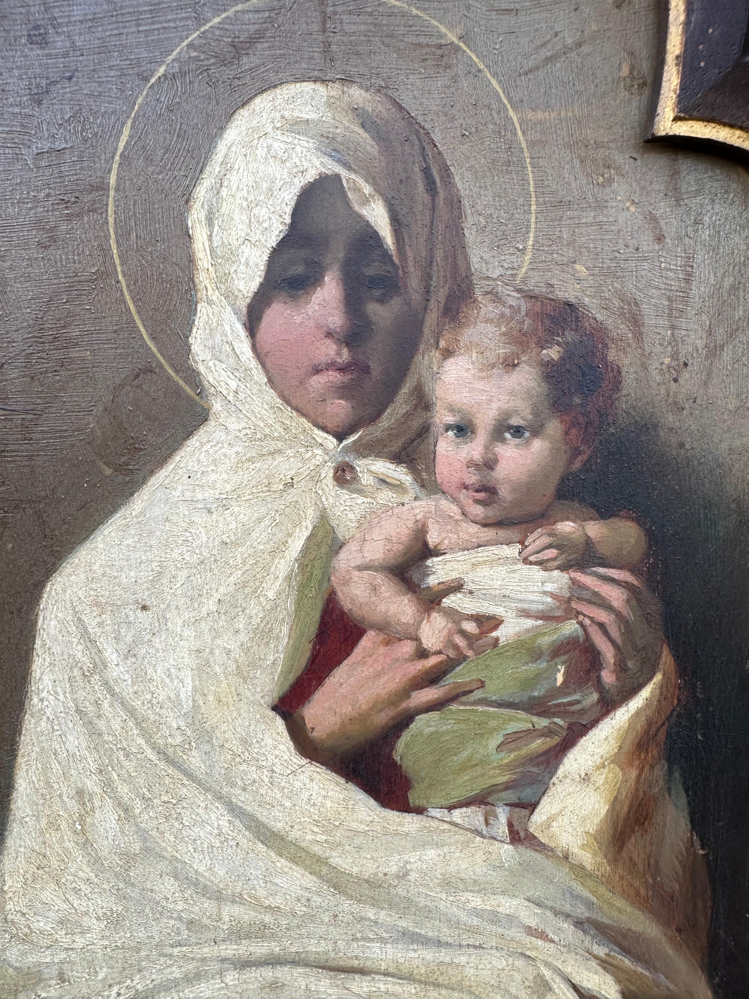 Italian Antique Painting of Holy Mary & Child after Nicolo Barabino in Oak Gothic Frame For Sale