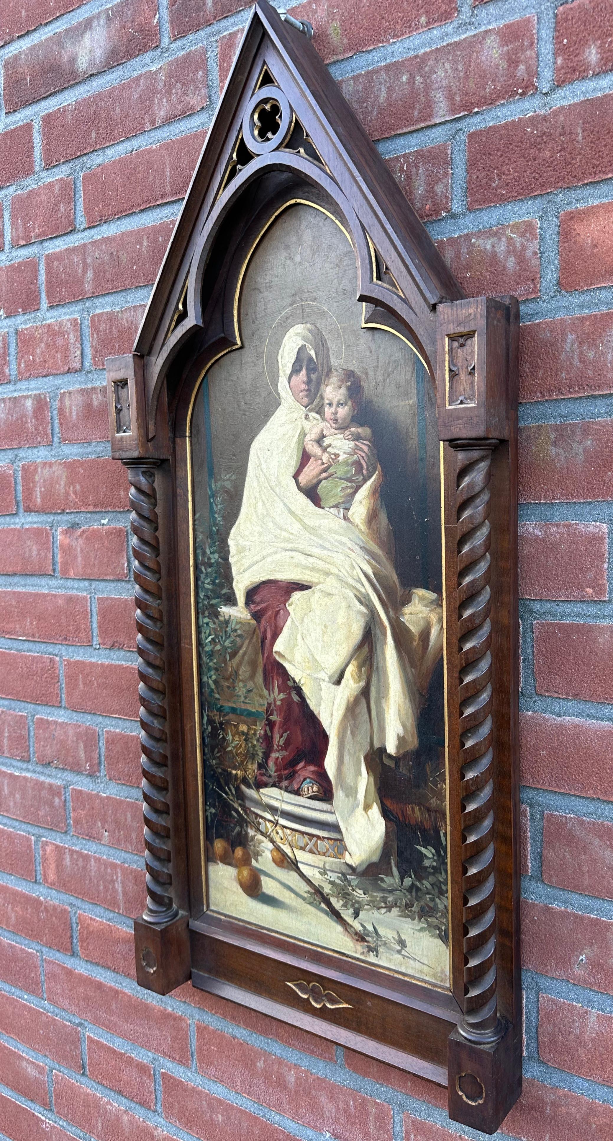 Fin du XIXe siècle Peinture ancienne de Saint- Marie et enfant d'après Nicolo Barabino dans un cadre gothique en chêne en vente