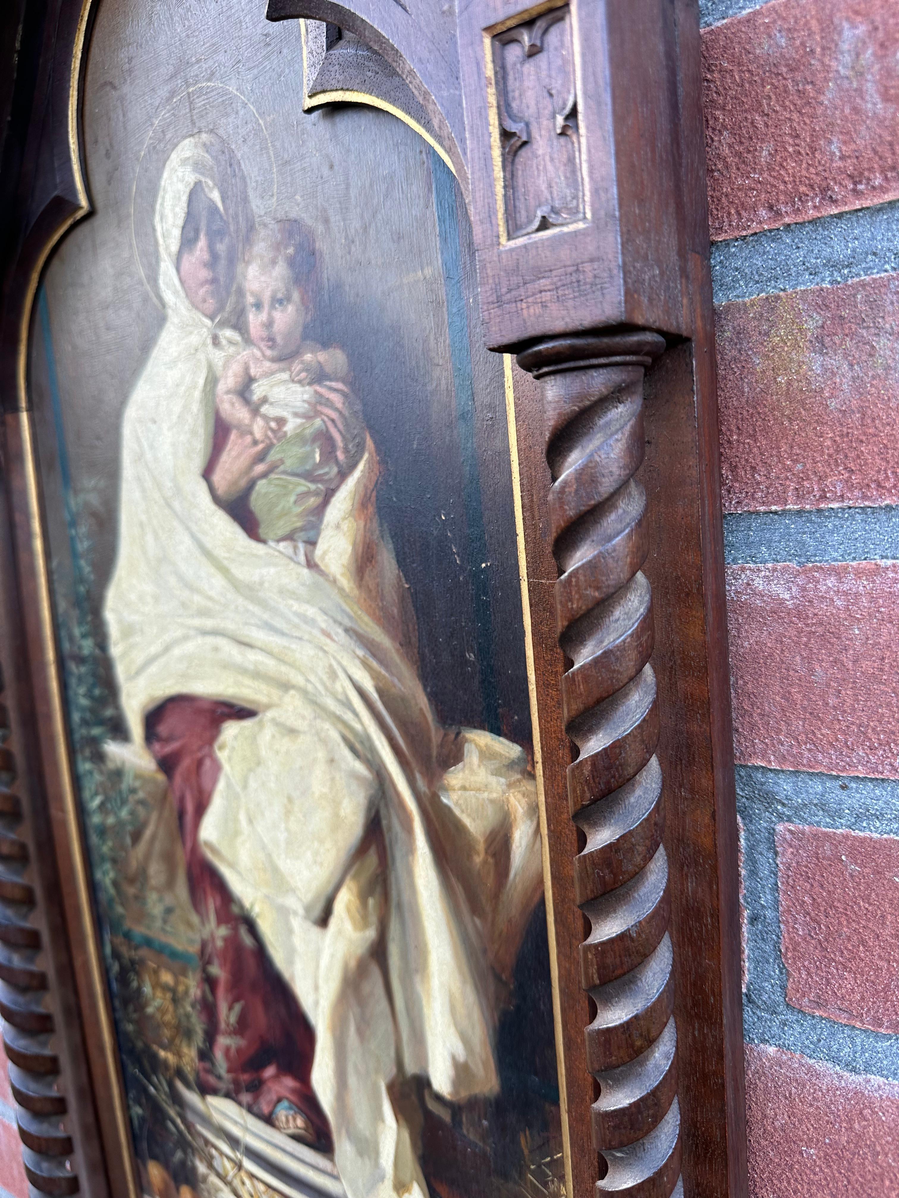Chêne Peinture ancienne de Saint- Marie et enfant d'après Nicolo Barabino dans un cadre gothique en chêne en vente