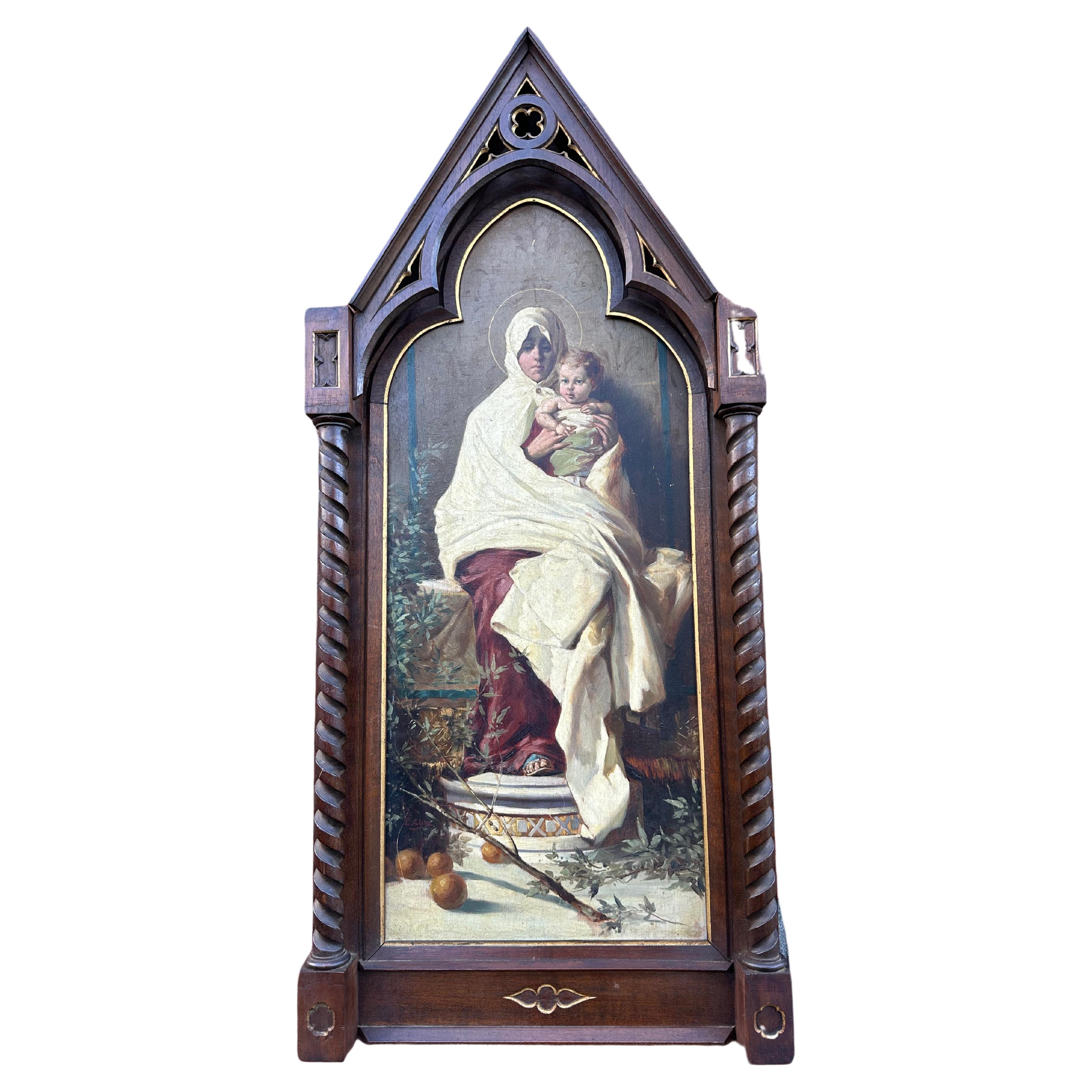 Antique Painting of Holy Mary & Child after Nicolo Barabino in Oak Gothic Frame For Sale