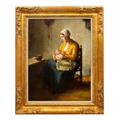 Dipinto antico di madre e neonato di Bernard De Hoog (olandese, 1866-1943)
