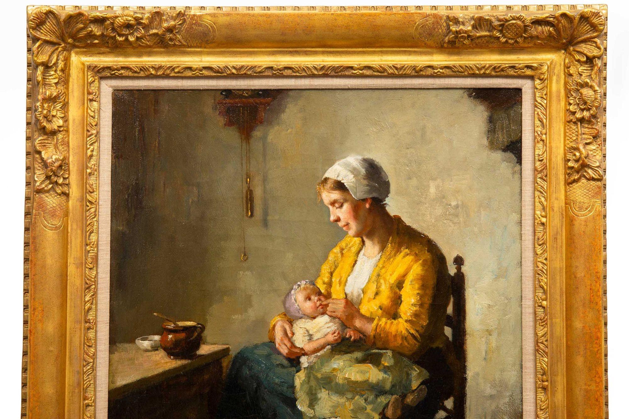 XX secolo Dipinto antico di madre e neonato di Bernard De Hoog (olandese, 1866-1943) in vendita