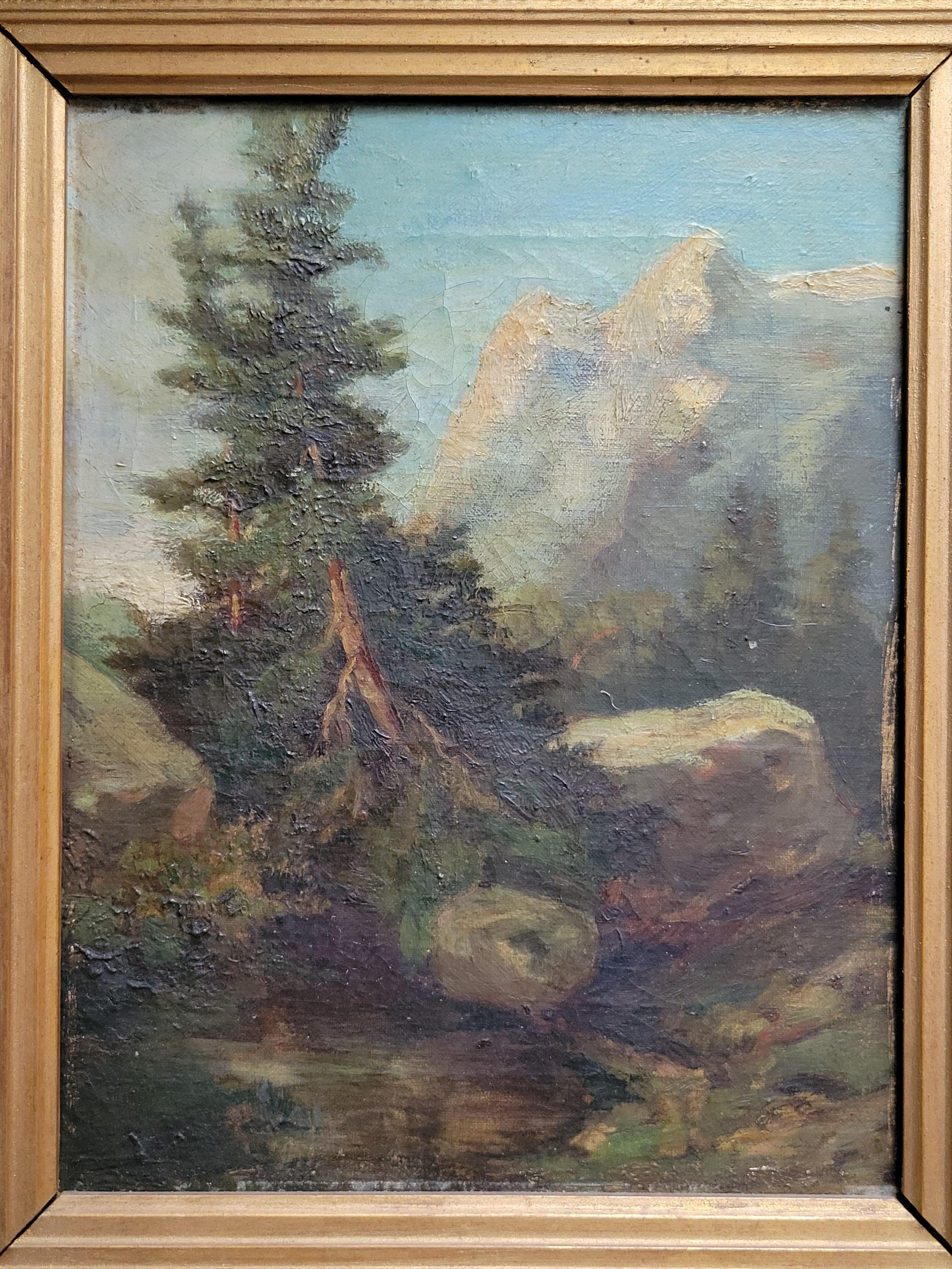 A charming antique 1920s oil on canvas painting of a mountain scene in a period frame. While the work is well executed it is unsigned. The painting was collected in France so presumably French, but that is not for certain.
Overall frame measures