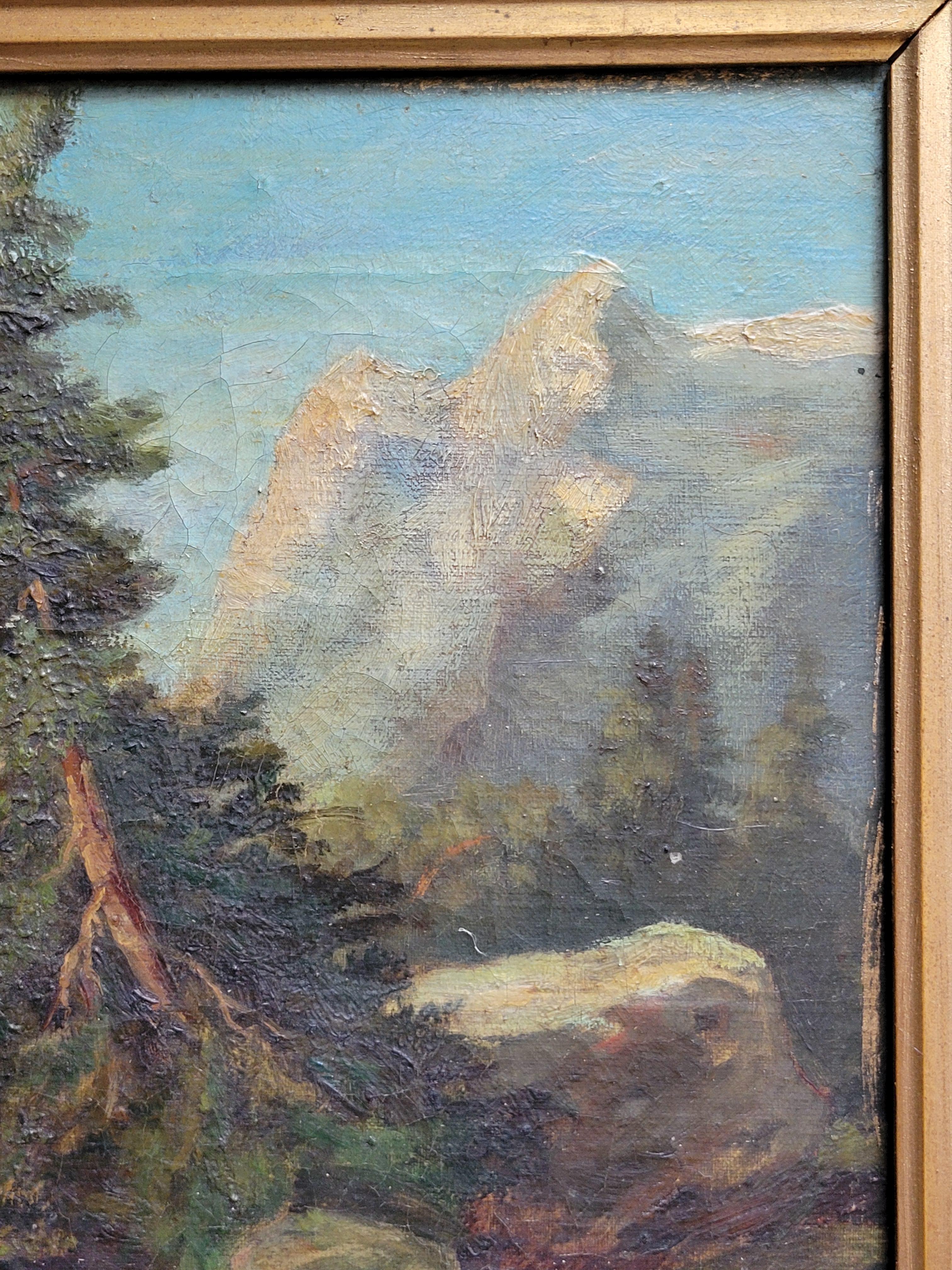 Hand-Painted Antique painting of mountain scene, France, oil on canvas in period frame For Sale